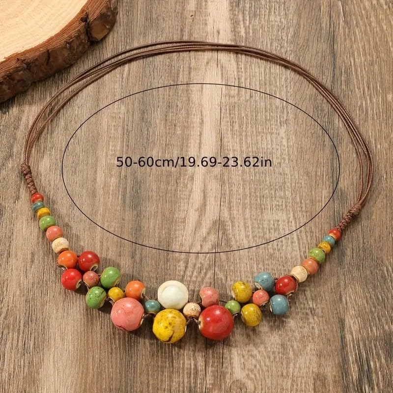 Q&D&S Handcrafted Boho Colorful Ceramic Round Beads Strand Necklace, Vintage Bohemian Fashion Statement Adjustable Jewelry Gift for Women - Image 2
