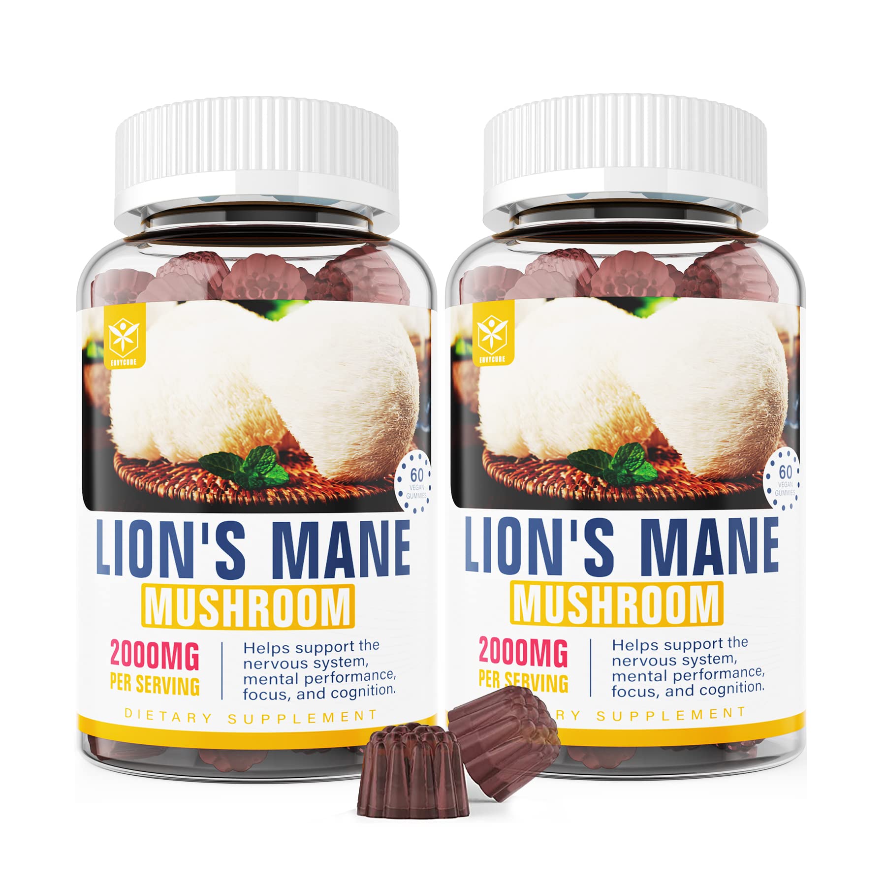 Lions Mane Mushroom Supplement Gummies 2000mg Nootropic Brain Booster Supplement- Gummies for Memory & Focus, Immune & Mood Support - Vegan, Organic Peach Flavor, Brown, 60 Count (Pack of 2)