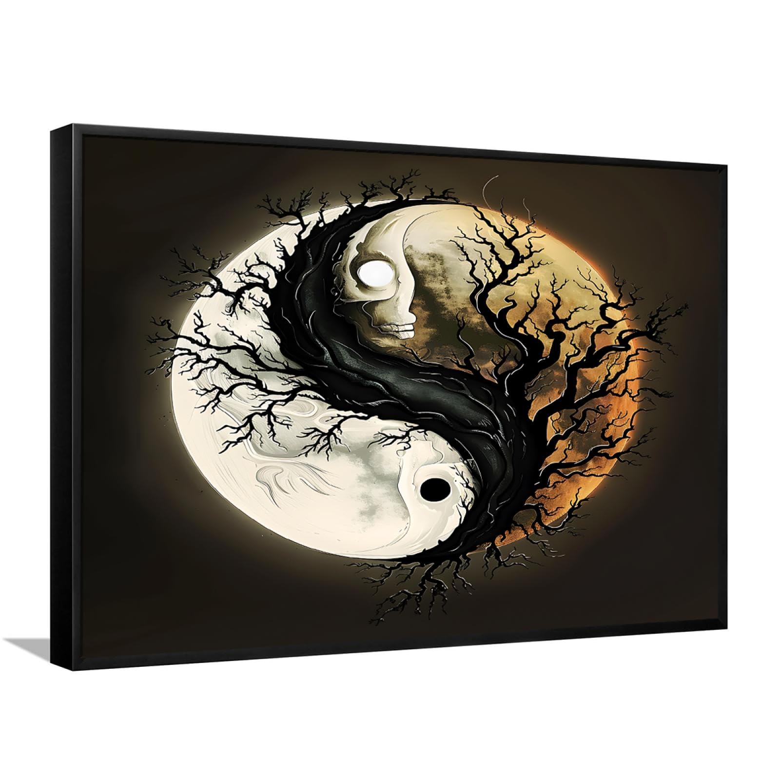 Via Vela Thème Halloween impression sur toile art mural rétro Yin Yang thème arbre mort crâne fantôme modèle affiche peinture image œuvre d’art pour bar décor intérieure 66x102cm avec-cadre-noir