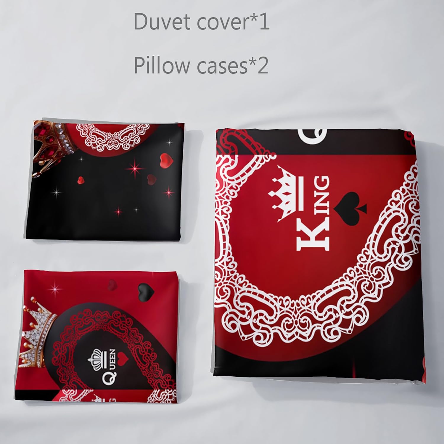 AILONEN Romantic Crown Heart Duvet Cover Queen Size with 2 Pillowcases,King and Queen Bedding Set 3Pcs for Women Men,Red and Black Luxury Comforter Cover Set for Home Decor
