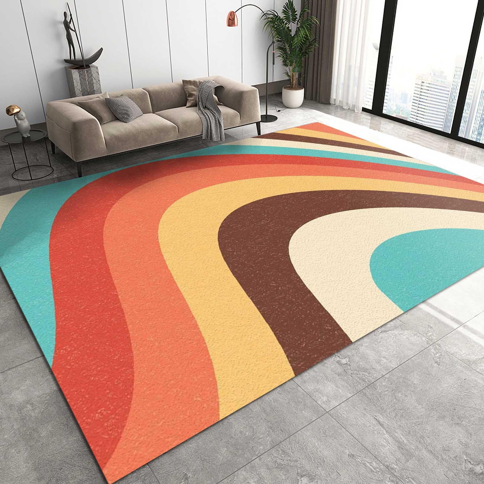 QUORIT Boho Rainbow Area Rug, Retro Abstract Colourful Wavy Shapes Non Slip Bedroom Rug, Machine Washable Carpet for Indoor Living Room Office Decor