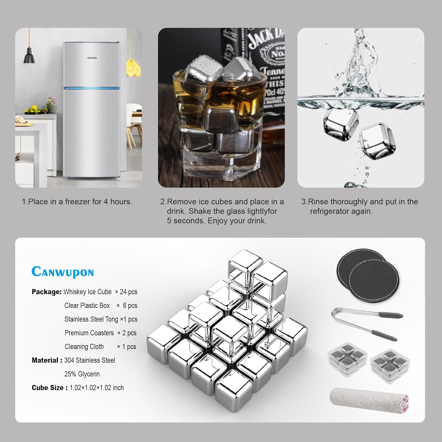 24 Pack Stainless Steel Ice Cubes Reusable - Ice Cubes Stainless with Ice Tongs and Whiskey Stones - Gifts for Men Dad Christmas for Drinks, Whiskey, Vodka, Chilling Rocks, Chilling Rocks for Drinks