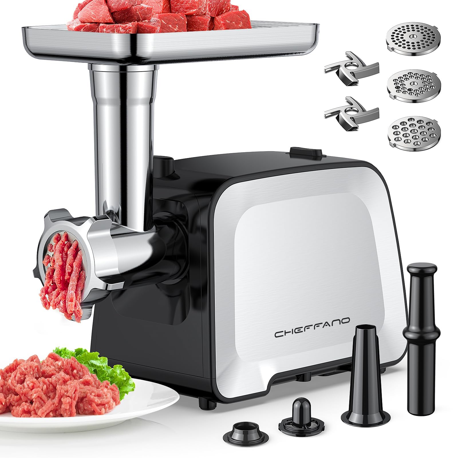 CHEFFANO Life Electric Meat Grinder, Sausage Stuffer Maker With 2 Blades, 3 Plates, Sausage Tube Kubbe Kit, [2000W Max] Meat Mincer Heavy Duty for Home Use, Stainless Steel Black