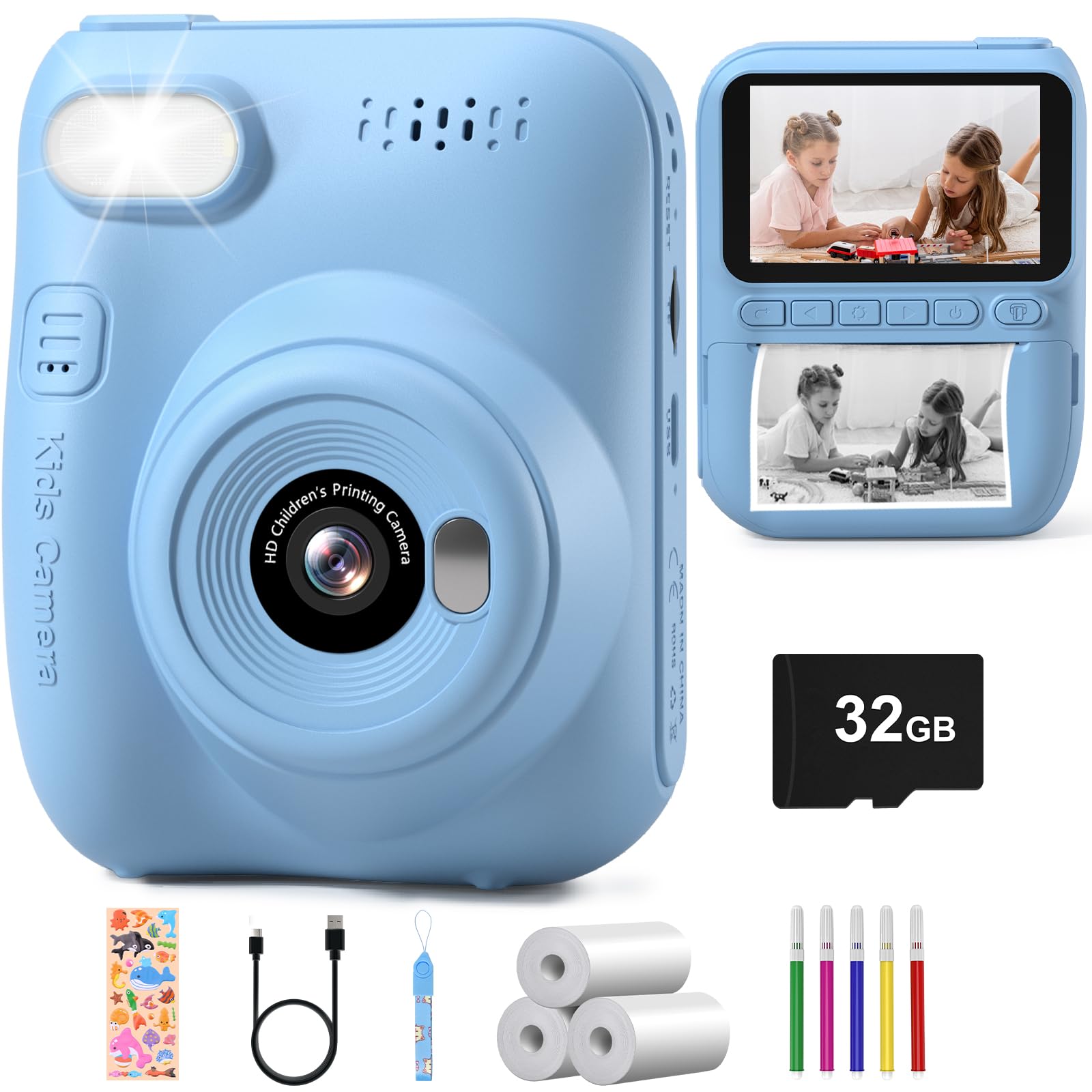 Hangrui Kids Camera Instant Print,3.0'' 1080P Kids Instant Print Camera with 32G Card,3 Rolls Printing Paper and 5 Color Pens, Gift Toy for Girls Boys 3-12 Years Old -Blue