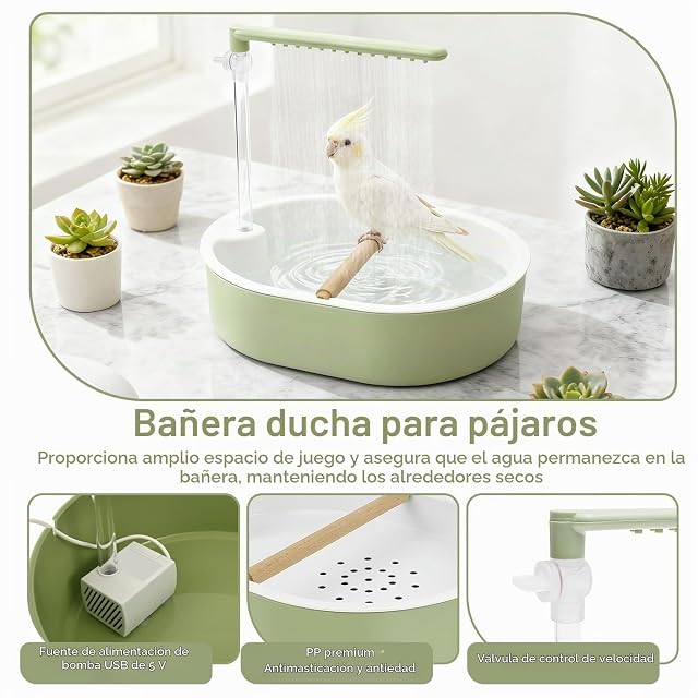 Foto 3 de 8 de VAVPUP Ducha para pájaros, periquitos, bañera automática con flujo de agua ajustable, lazo de corriente USB