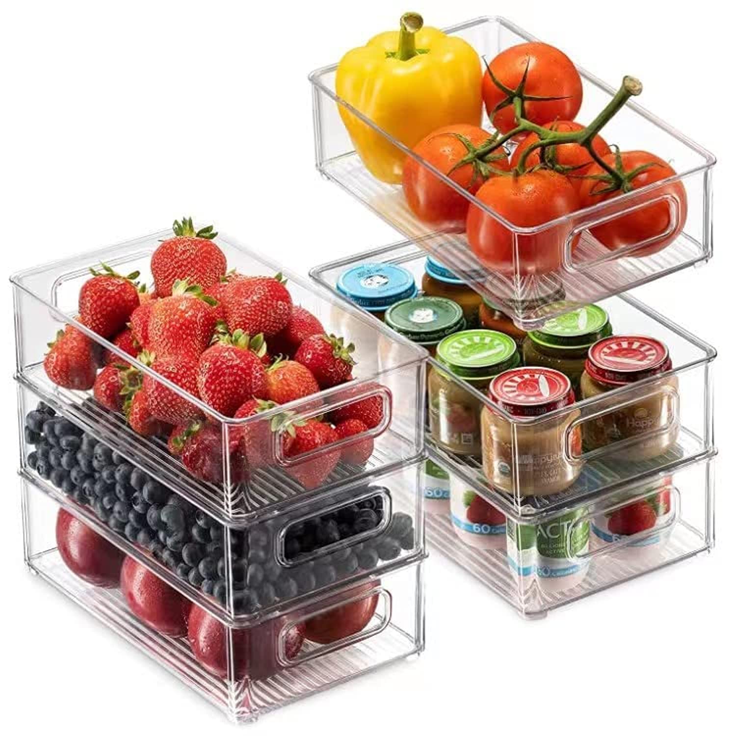 AMERTEER Set of 6 Refrigerator Organizer Bins, Plastic Freezer Organizer Bins and Storage Pantry Bins Baskets - Stackable Food Fridge Organizer with Handles for Freezer, Kitchen, Countertops, Cabinets
