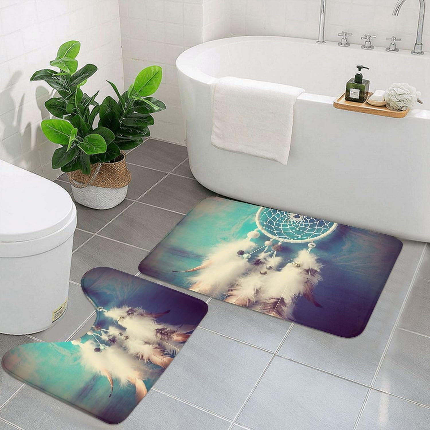 HCBPWVQA ホワイト ドリームキャッチャー フェザーバスルームラグセット 2ピース ソフト吸収マイクロファイバーバスラグとU字