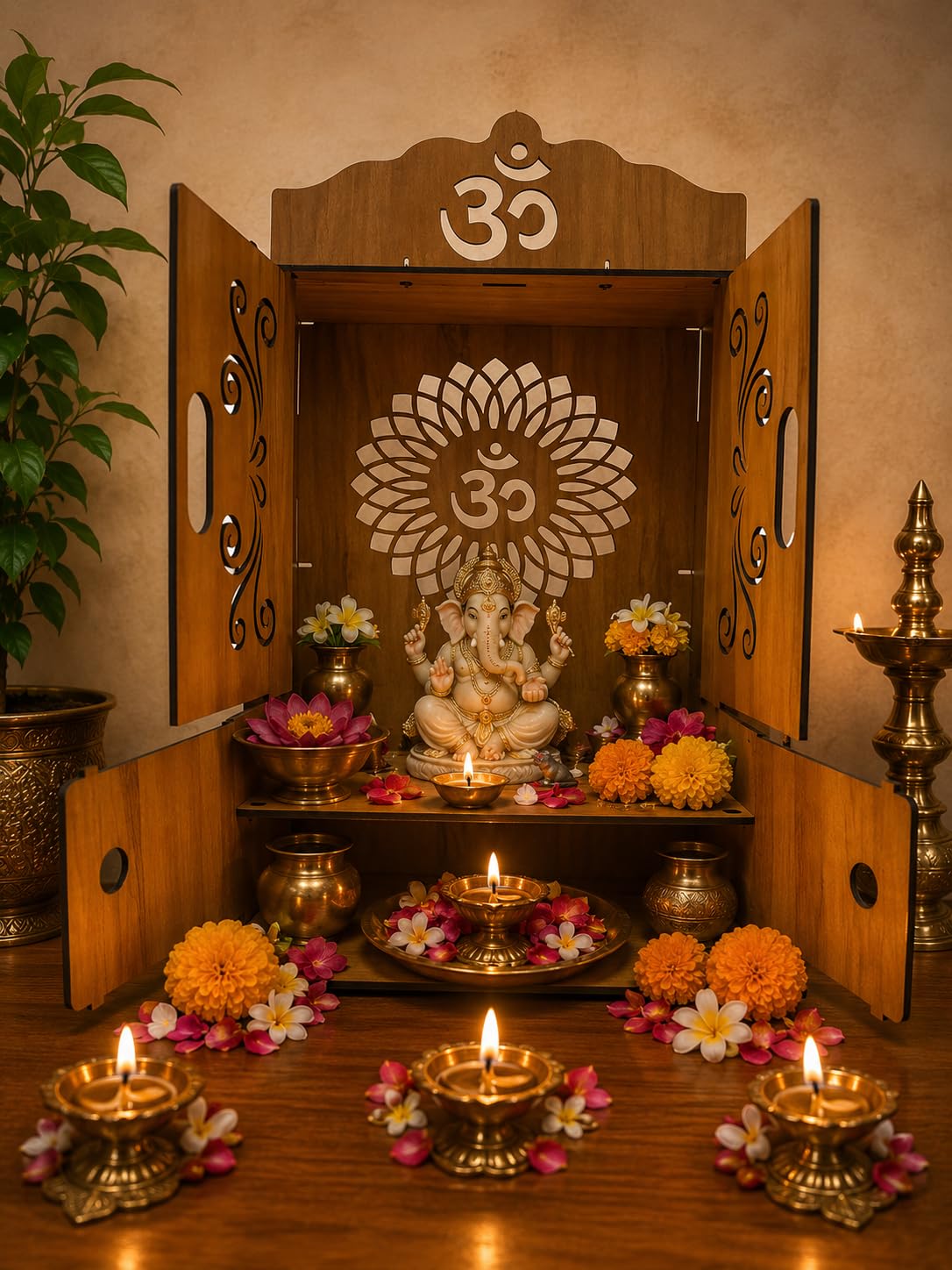EXPRO Wooden Pooja Mandir with OMWITHJAALI Cut Decorative with Door Engineered Wood Home Temple-image-1