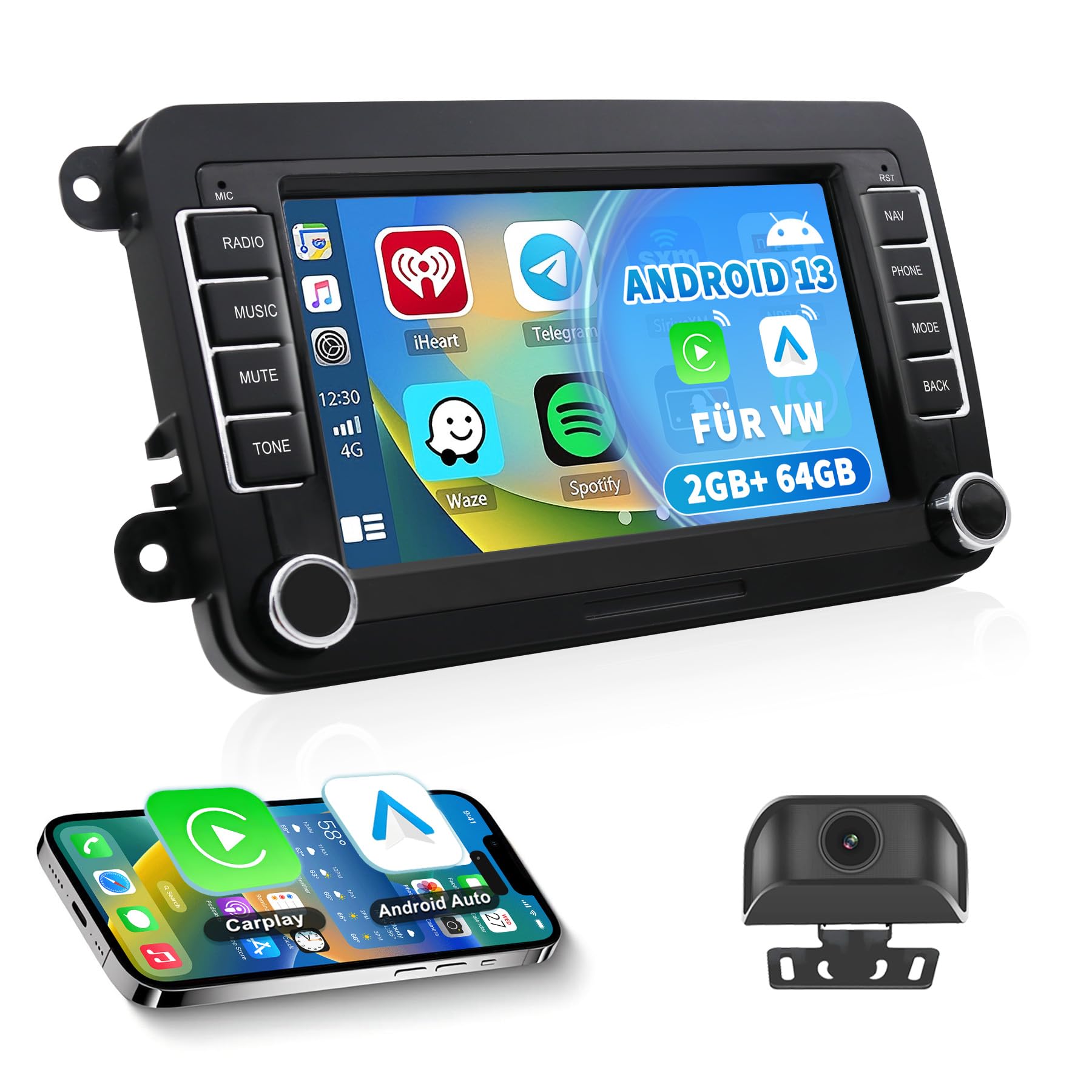 Radio samochodowe z systemem Android 13 do VW Passat/Golf/Polo/Caddy/Tiguan/Jetta i wielu innych| 7-calowy ekran dotykowy HD z kamerą cofania | bezprzewodowy CarPlay & Android Auto | 2 GB + 64 GB GPS