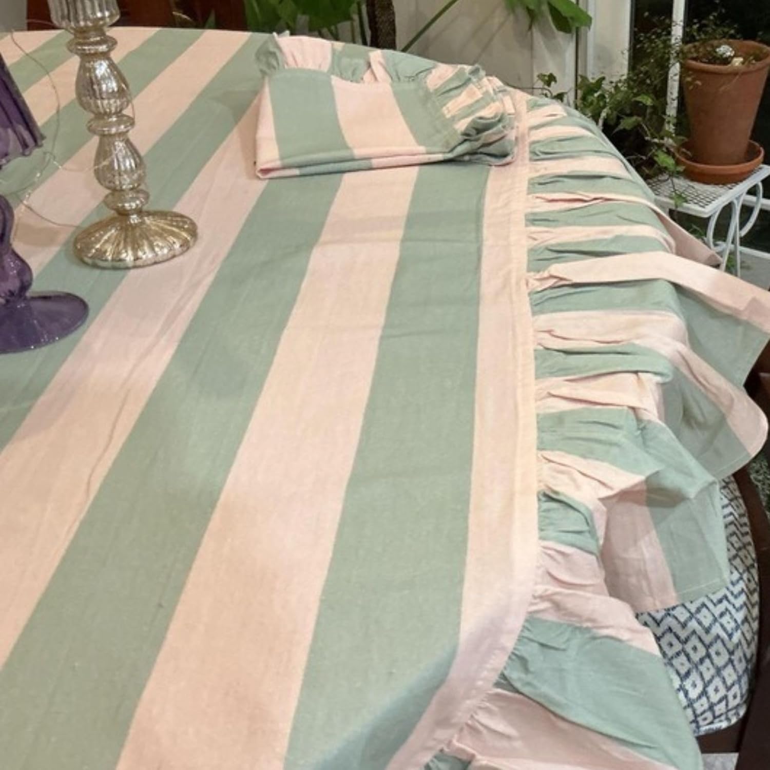 Striped Ruffled Tablecloth | Pink & Sage Green Cotton Blend Farmhouse Style Dining Table Cover | Hand Block Printed Round Tablecloth 90 Inches