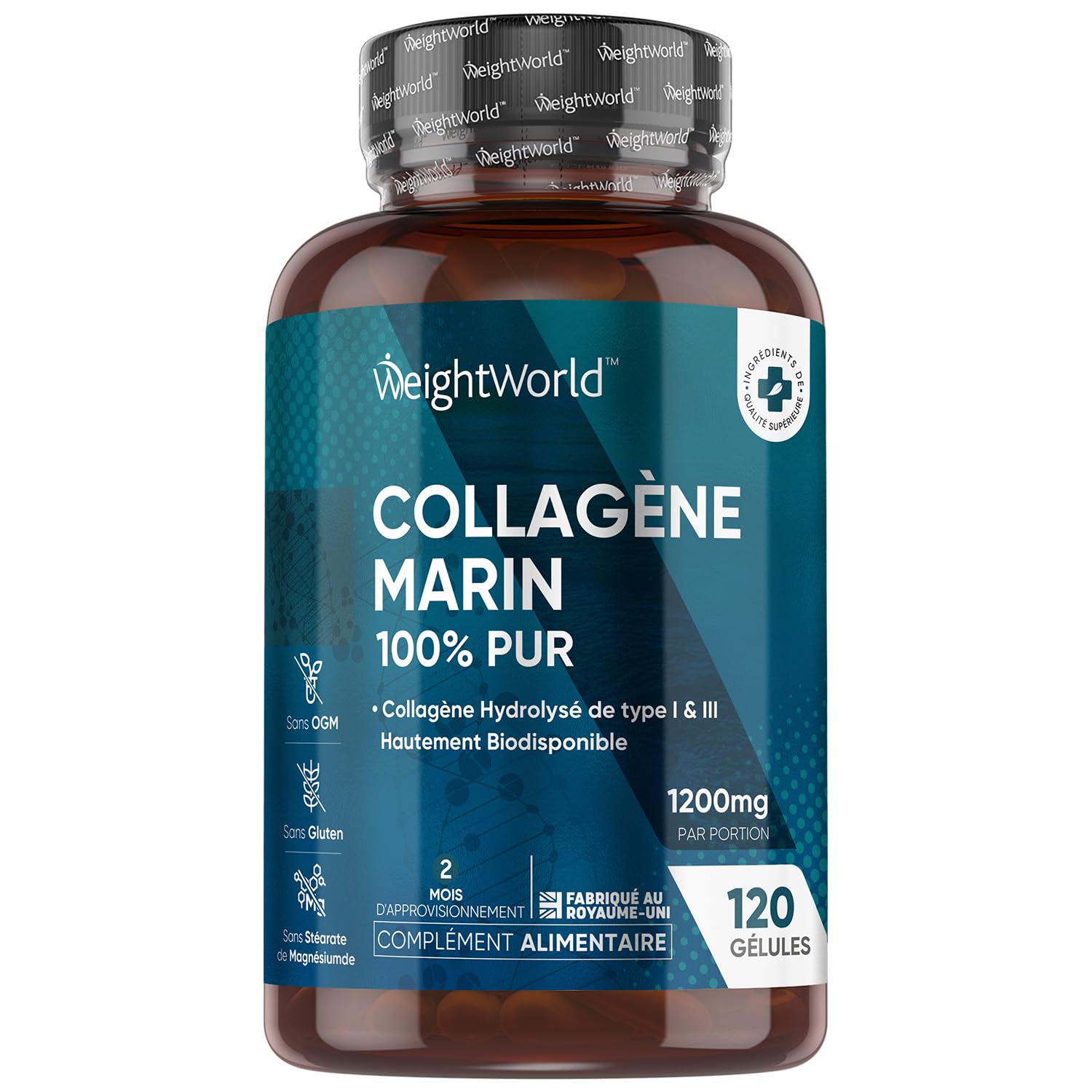 Collagène Marin Hydrolysé (100% Pur, Types 1 & 3) 1200 mg, 120 Gélules - Sans OGM, Sans Gluten, Alternative à la Poudre,