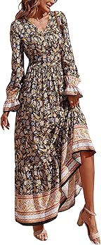 PRETTYGARDEN Long Sleeve Maxi Dress for Women - V Neck Casual Button Down Boho Floral Print Fall Long Dresses