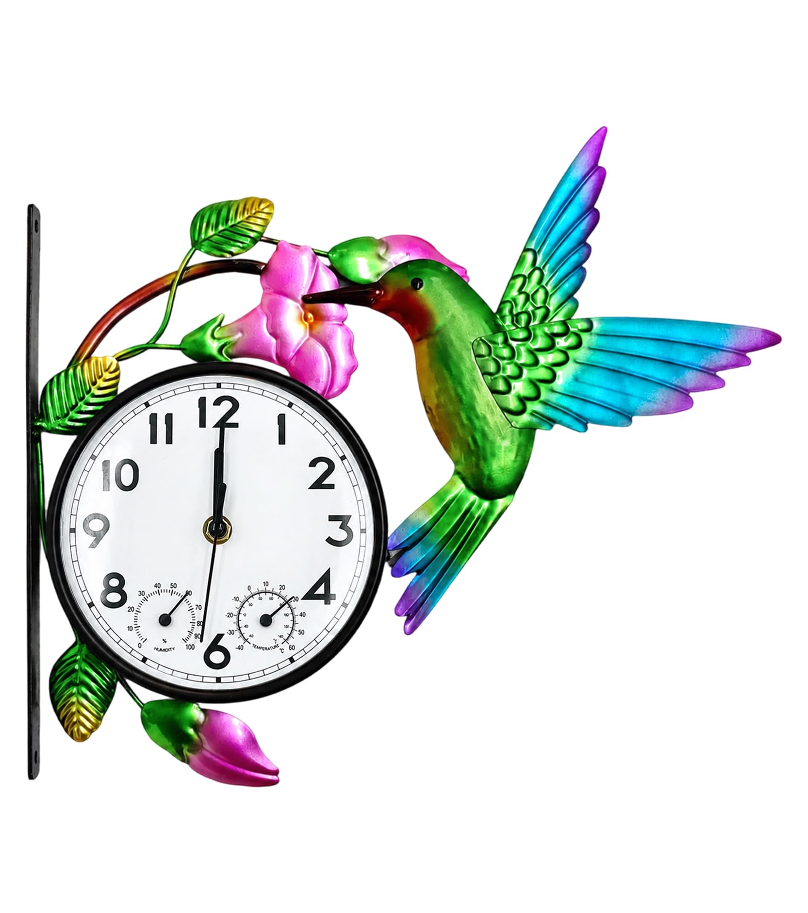 Orologio da esterno con termometro e igrometro Combo | Orologio da parete silenzioso senza ticchettio per patio, impermeabile, decorativo per soggiorno, gloria mattutina e colibrì