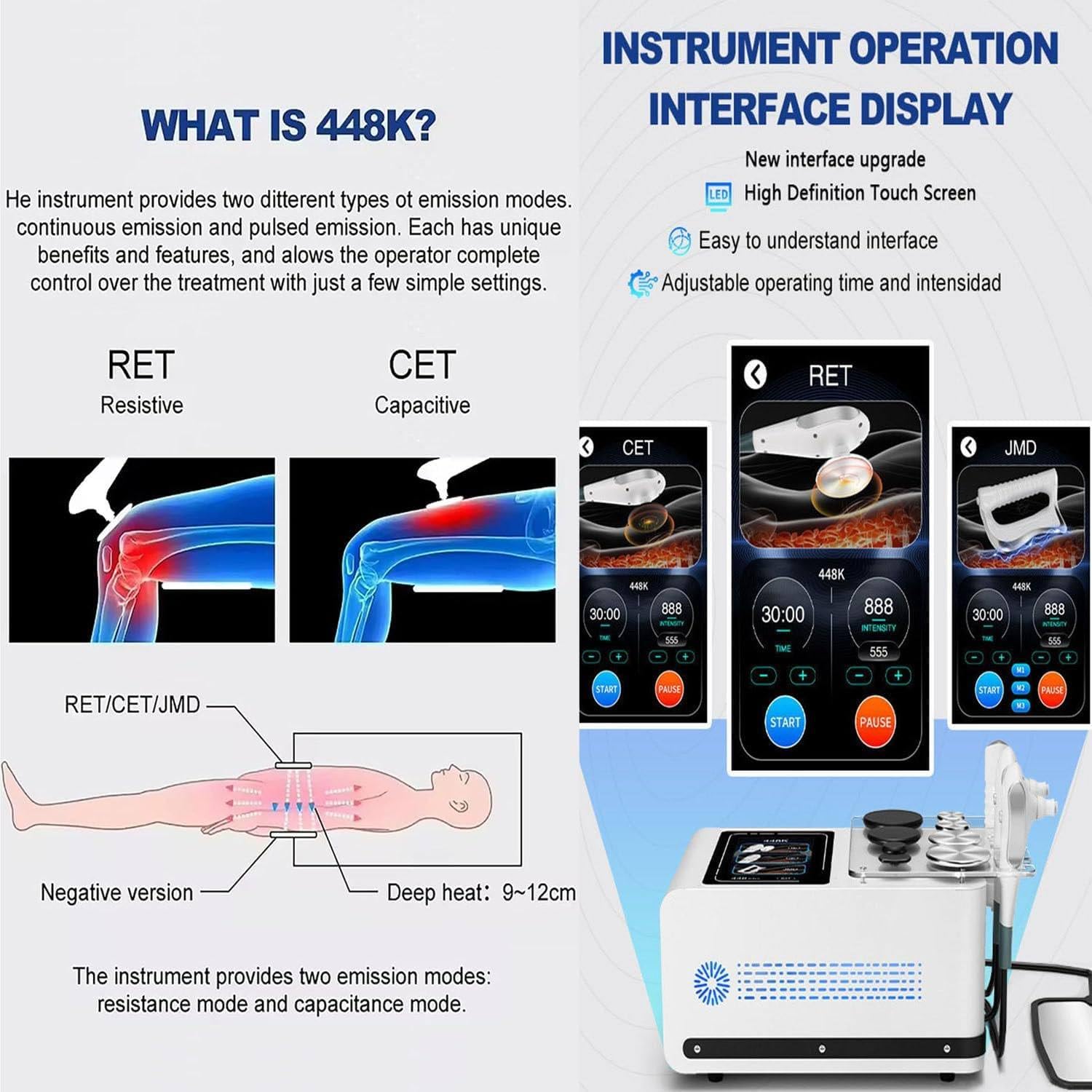 Apparecchio per radiofrequenza a 448 kHz - per Lifting a RF, Perdita di Peso e modellamento del Corpo, con 3 Maniglie e 8 postazioni di Lavoro per trattamenti fisici Profondi White