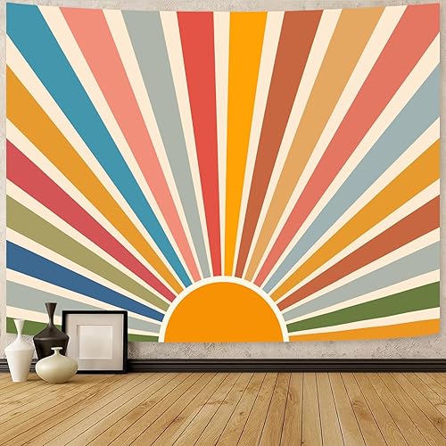 Miniatura 9 de Kanuyee Tapiz bohemio para colgar en la pared, diseño retro de los años 70, abstracto, vintage, geométrico, arco iris, amanecer, para dormitorio,