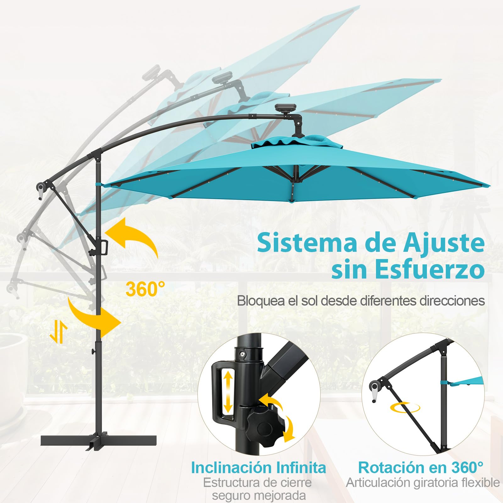COSTWAY Sombrilla Terraza Exterior 3x3, Parasol Excentrico con 32 Luces LED Solar, Base Cruzada, Ajuste de Inclinación y Manivela, Rotación de 360°, Sombriila Jardin Terraza Balcón Patio