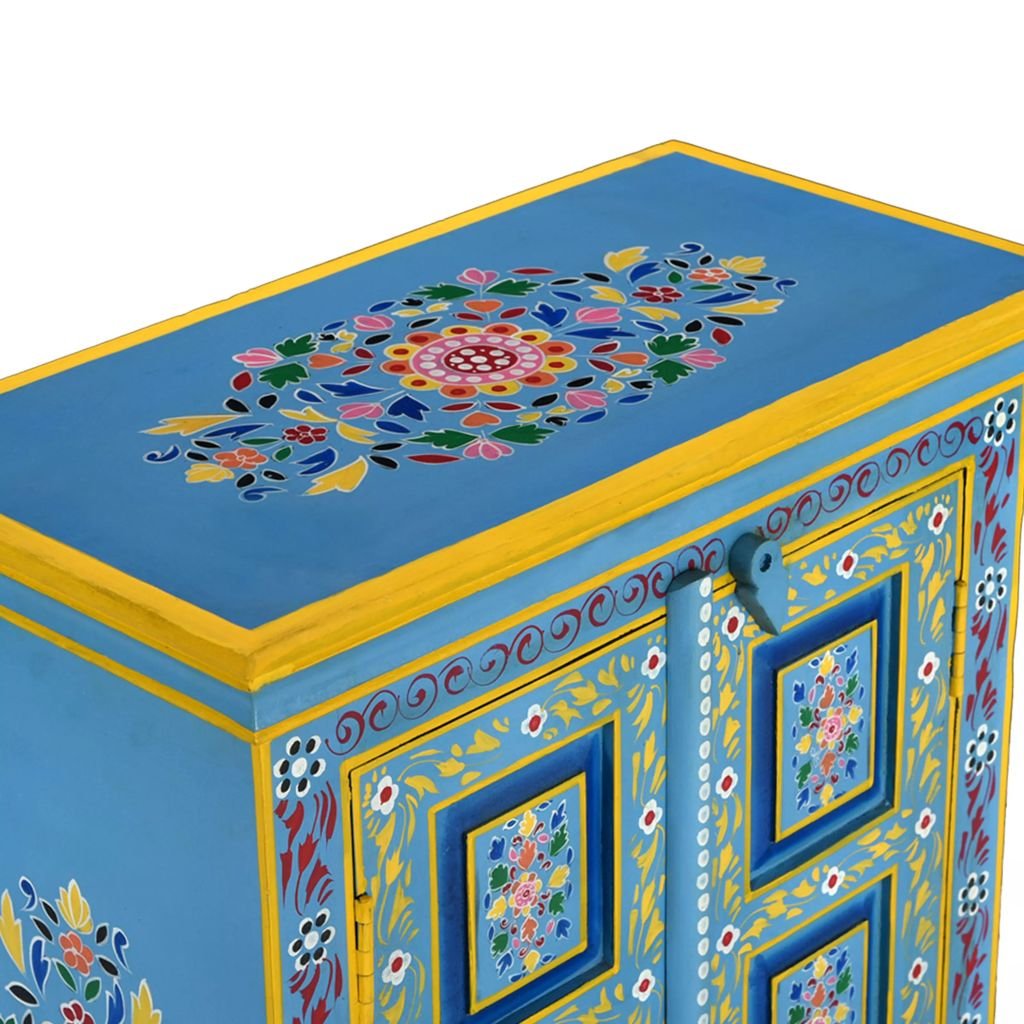 Festnight Mobile Dispensa Credenza in Legno Massello di Mango Turchese Dipinta a Mano con Un Grande Armadietto con 2 Ante 60 x 30 x 78 cm