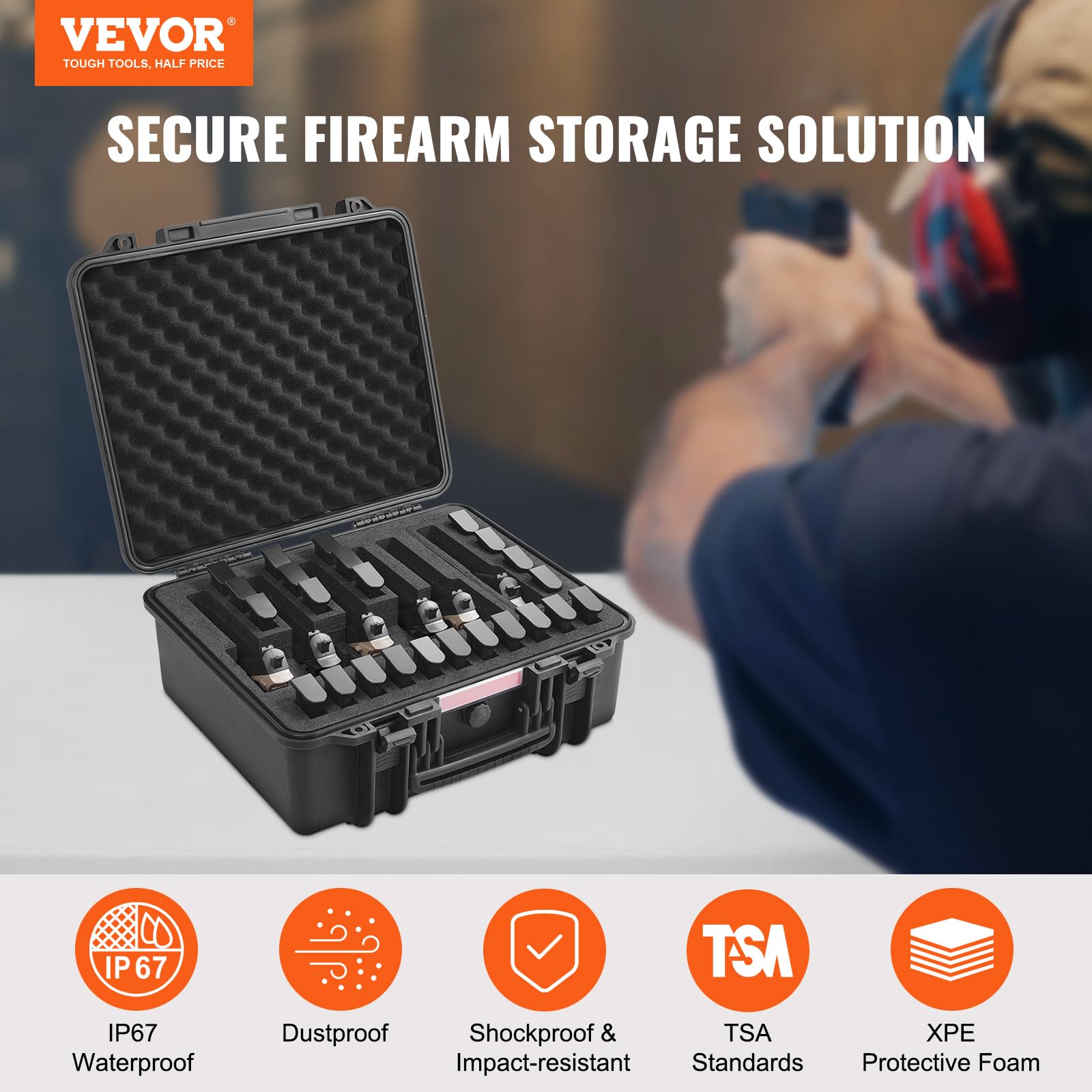 VEVOR Hartschalenkoffer Pistolen, Pistolenkoffer mit vorgeschnittenem Futter, staubdichter Hartschalenkoffer für 6 Pistolen, abschließbarer Pistolenkoffer, Waffenkoffer schwarz, 491 x 434 x 211 mm