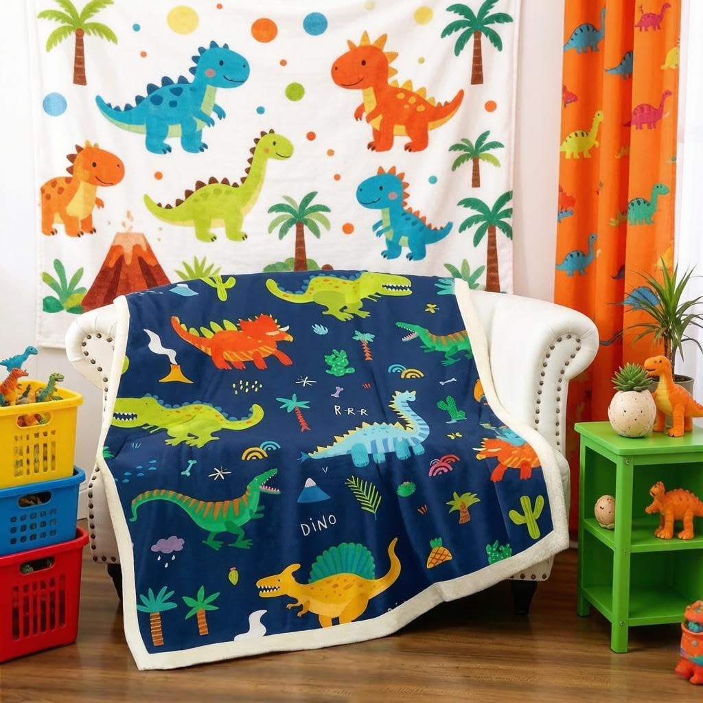 Loussiesd Kids Dinosaur Sherpa Blanket Cartoon Dinosaur Printed Fleece Throw Blanket for Child Boys Girls Cute Animal Pattern Children Fuzzy Sofa Bed Couch Baby 30x40 Inch