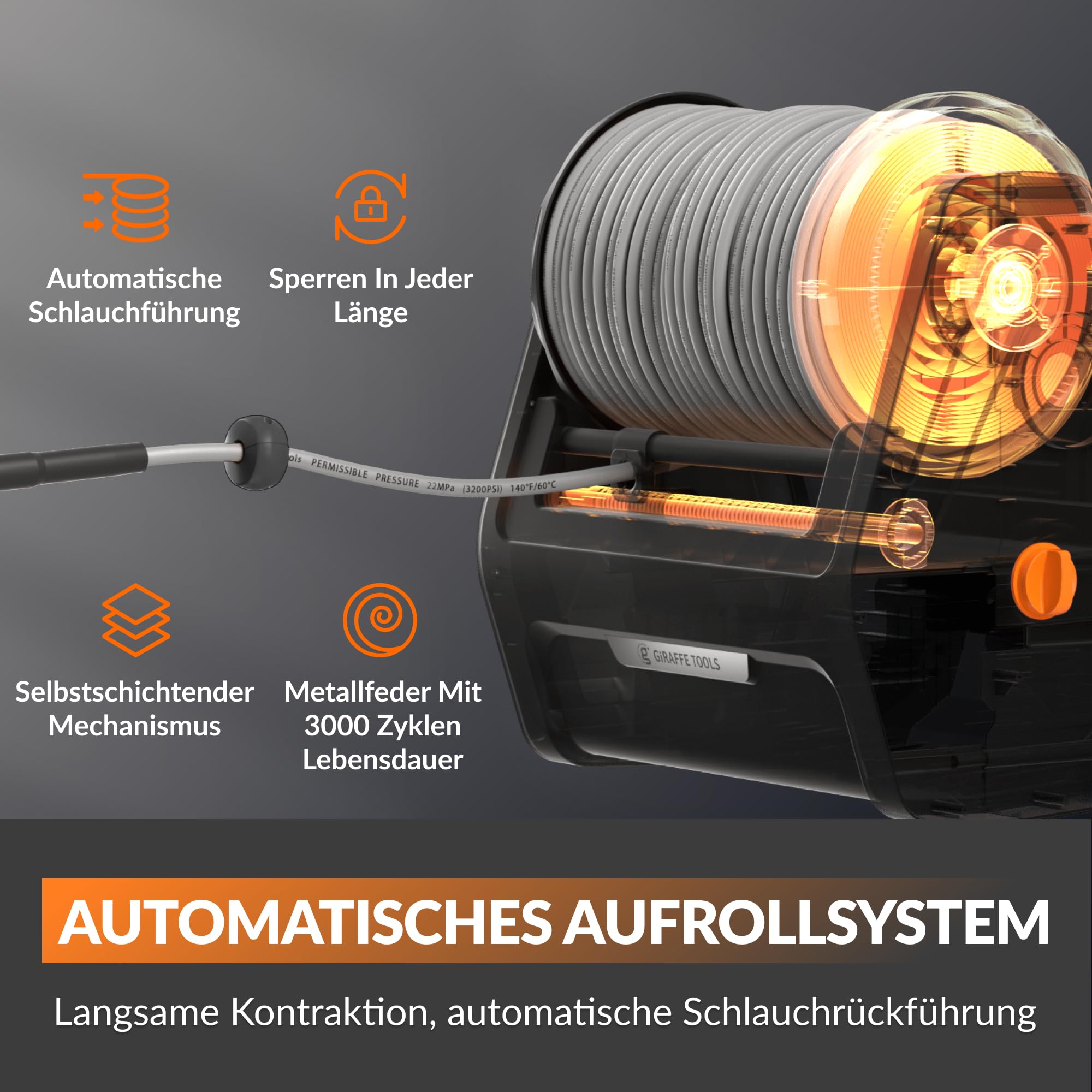 Giraffe Tools Hochdruckreiniger Big Pump 2 in 1, 1800 Watt, Max 2400 PSI, 2.0 GPM Elektrischer Wasserdruckreiniger für die Wandmontage, mit 30M Einziehbarem Schlauch, Grauer weicher Schlauch