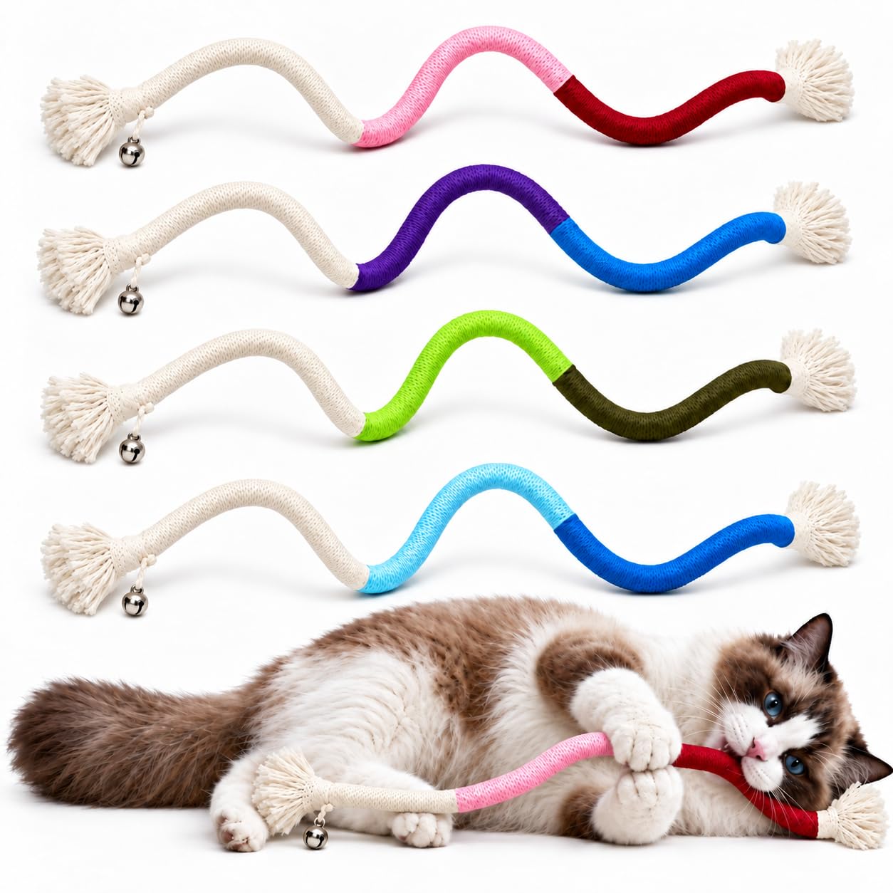 4-Pack Interactive Cat Chew Rope Toys, Teaser Sticks with Jingle Bells