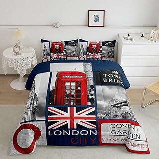 London Comforter Set Romantic City Building Bedding Set for Teens Boys,Big Bent Duvet Insert United Kingdom Tower Bridge Bed Quilt Red Telephone Booth Union Jack Flag Bedroom Decor Queen