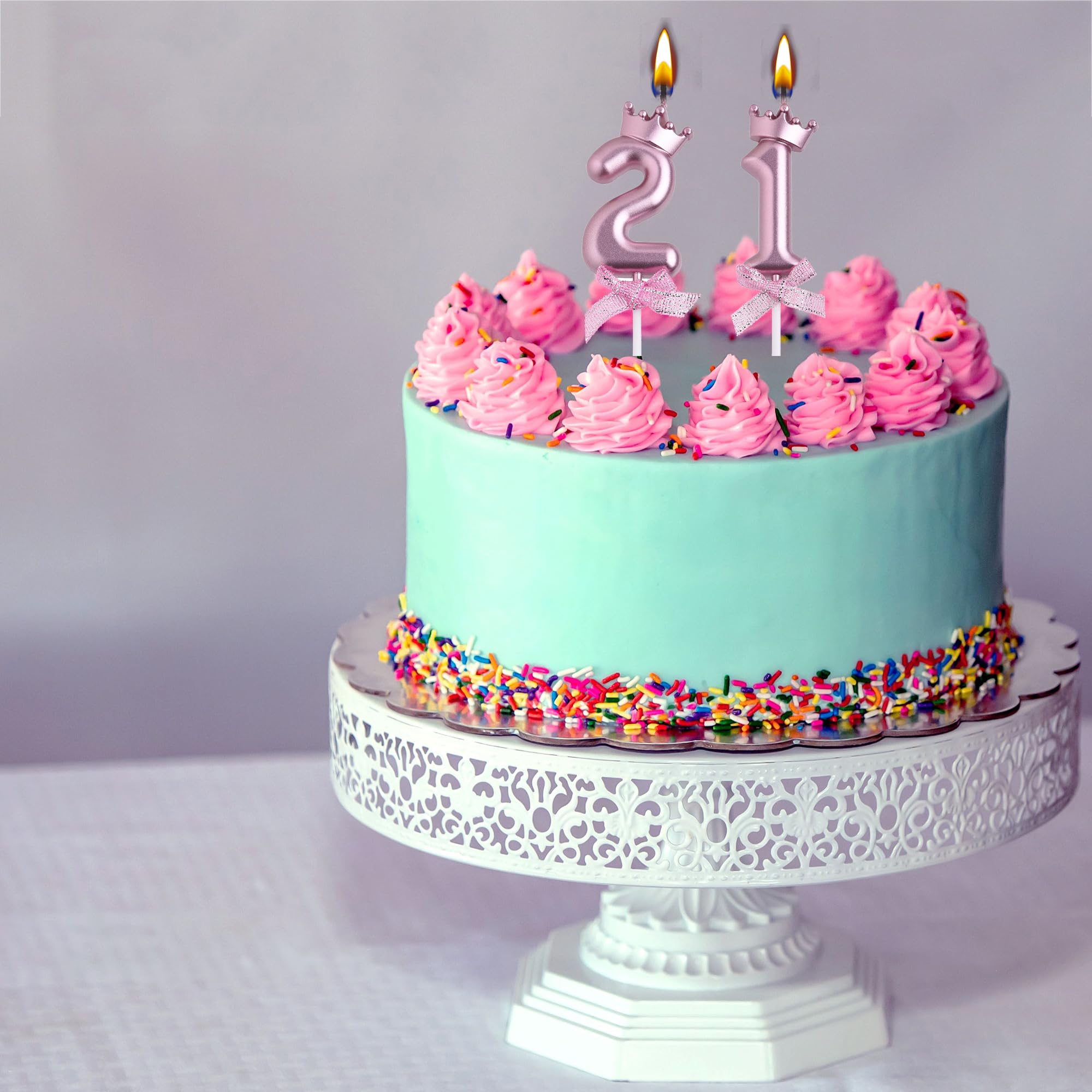 Vela de cumpleaños número 21, velas metálicas sin humo para tarta número 21 | Corona 3D y lazo con purpurina número 21 para decoración de tarta para aniversario, fiesta de cumpleaños