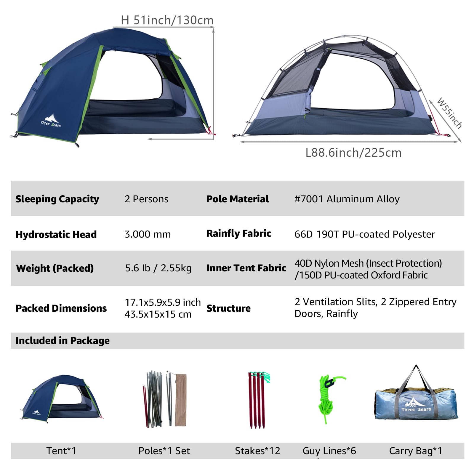Three Bears Ultraleichtes 2/4-Personen-Rucksackzelt – 3000 mm wasserdicht, sofortiger Aufbau, robust und tragbar für Camping, Wandern und Reisen