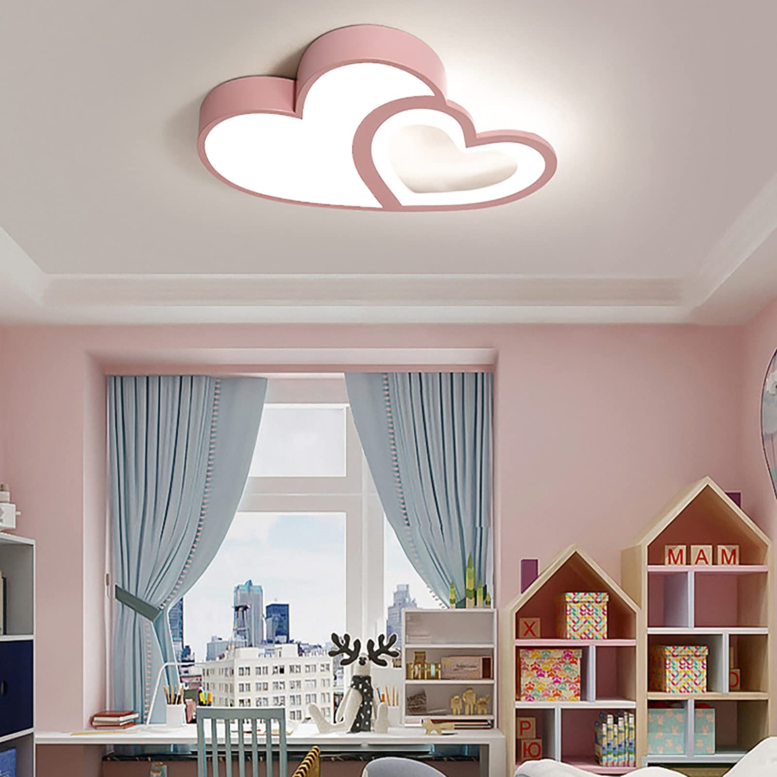 Lámpara de techo LED en forma corazón rosa creativa moderna dibujos animados regulable con mando a distancia acrílico lámpara decorativa para salón/dormitorio guardería 55 cm