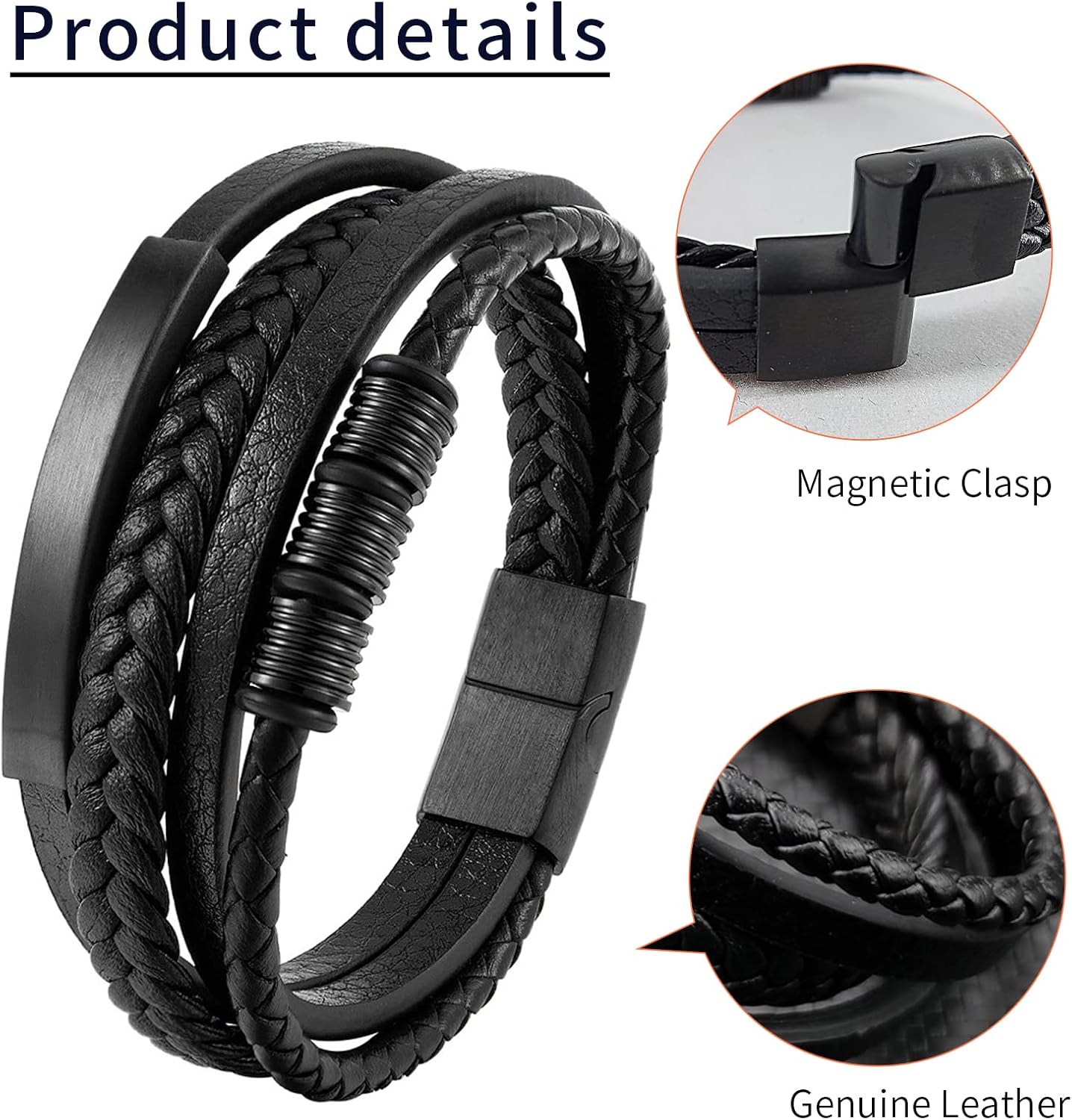 Genuine Leather Bracelet for Men Stainless Steel Charm Magnetic Clasp Classic Multi-layer Mens Bracelet Gift for men Length 8.26 inch