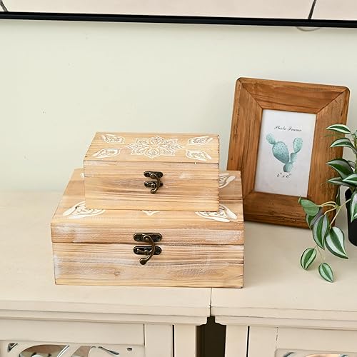 Miniatura 3 de Juego de 2 cajas de madera tallada con mandala, cajas de almacenamiento decorativas rústicas con pestillo de metal, cajas de recuerdo hechas a mano