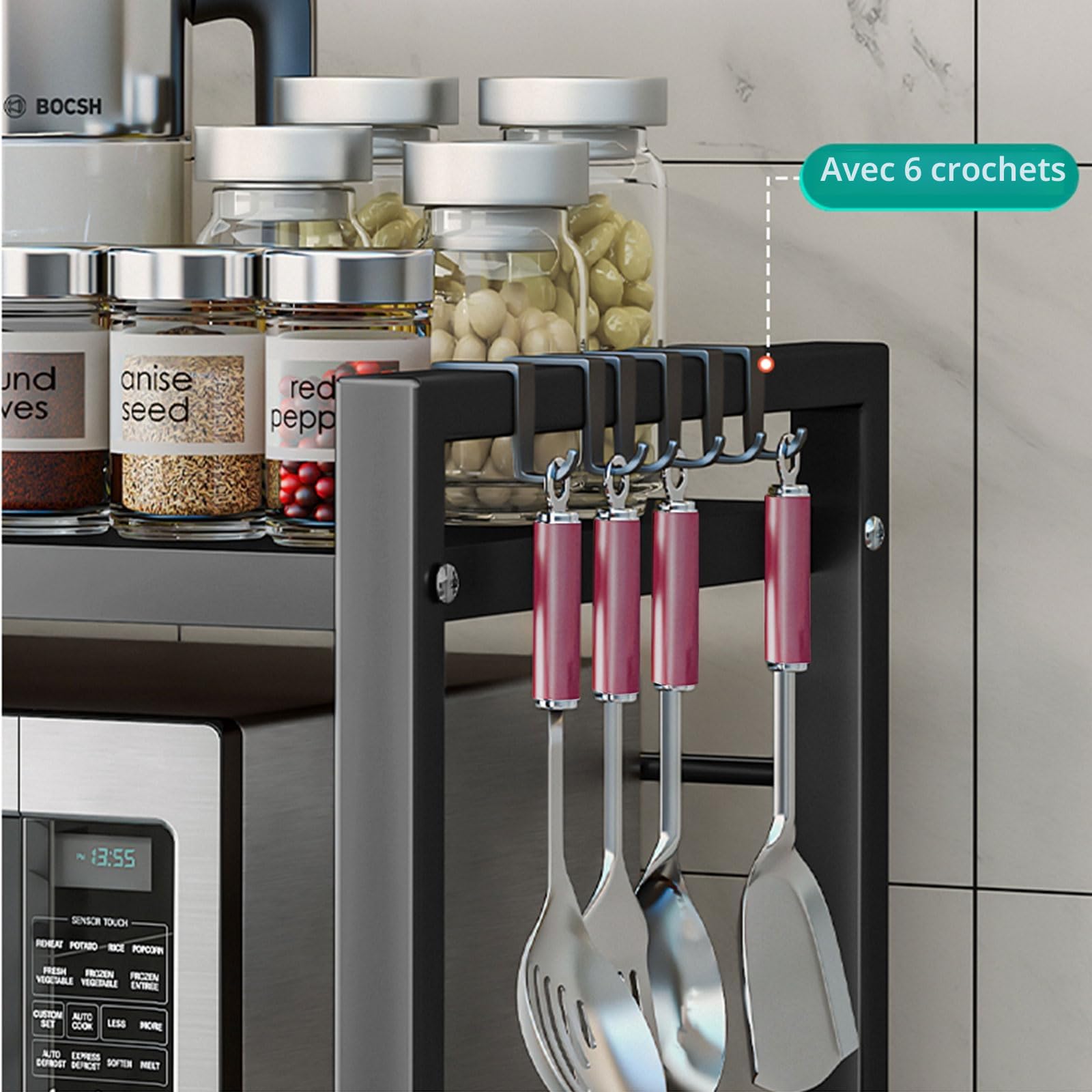devesanter Étagère extensible pour micro-ondes Plan de travail à 3 niveaux Avec 5 crochets Étagère de cuisine Étagère à épices Étagère à micro-ondes Organiseur pour cuisi