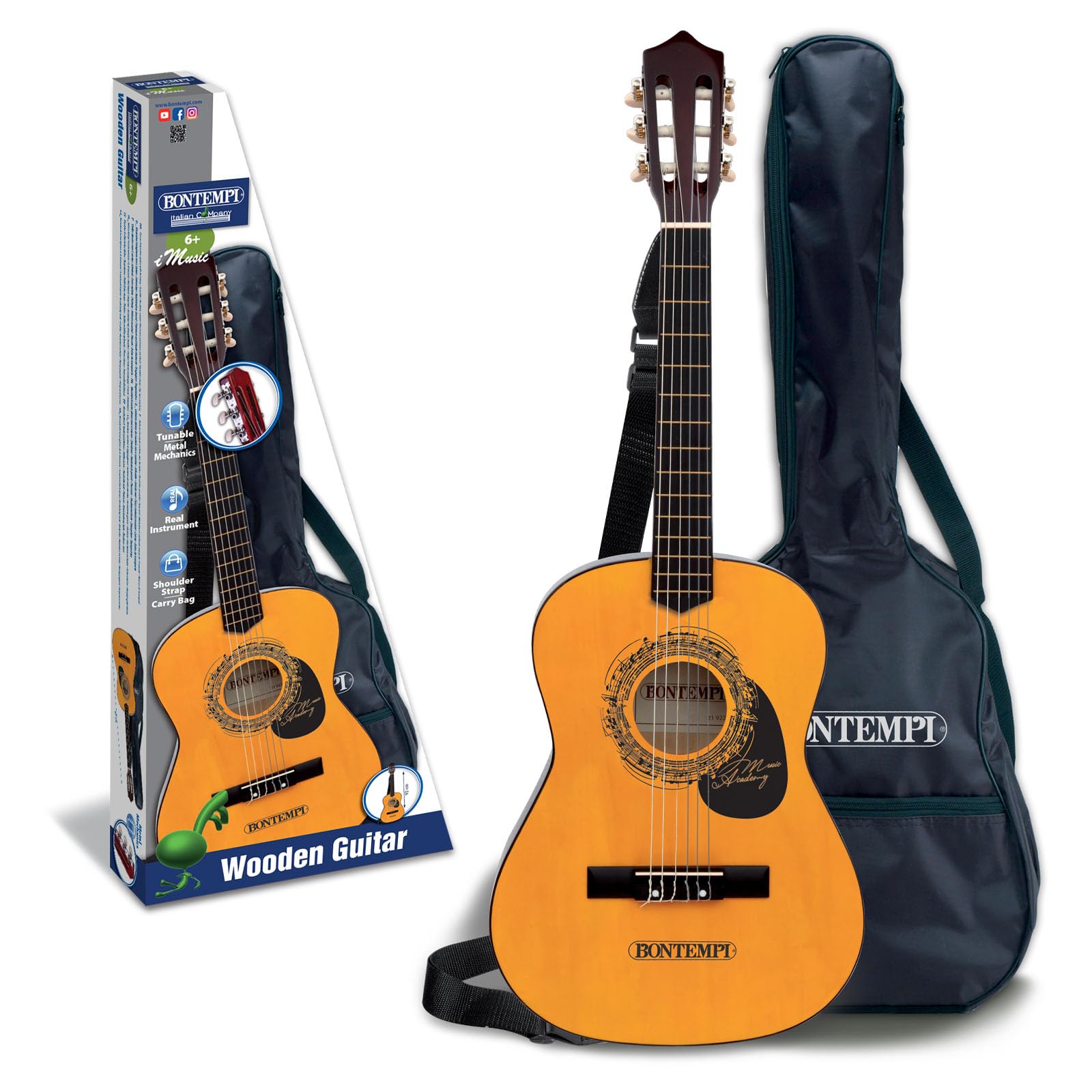 Bontempi | WoodHarmony - Chitarra Classica in Legno da 75 cm con Borsa per Avventure Musicali Autentiche, Marrone Scuro