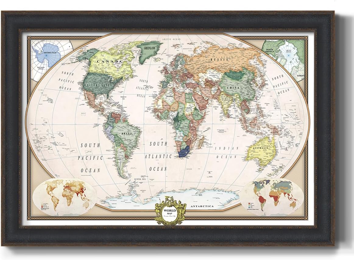 Renditions Gallery Lienzo decorativo de pared colorido con marco negro para colgar en la pared, mapa de viaje con alfileres para el hogar, oficina,