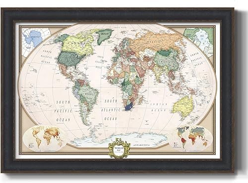 Renditions Gallery Lienzo decorativo de pared colorido con marco negro para colgar en la pared, mapa de viaje con alfileres para el hogar, oficina,