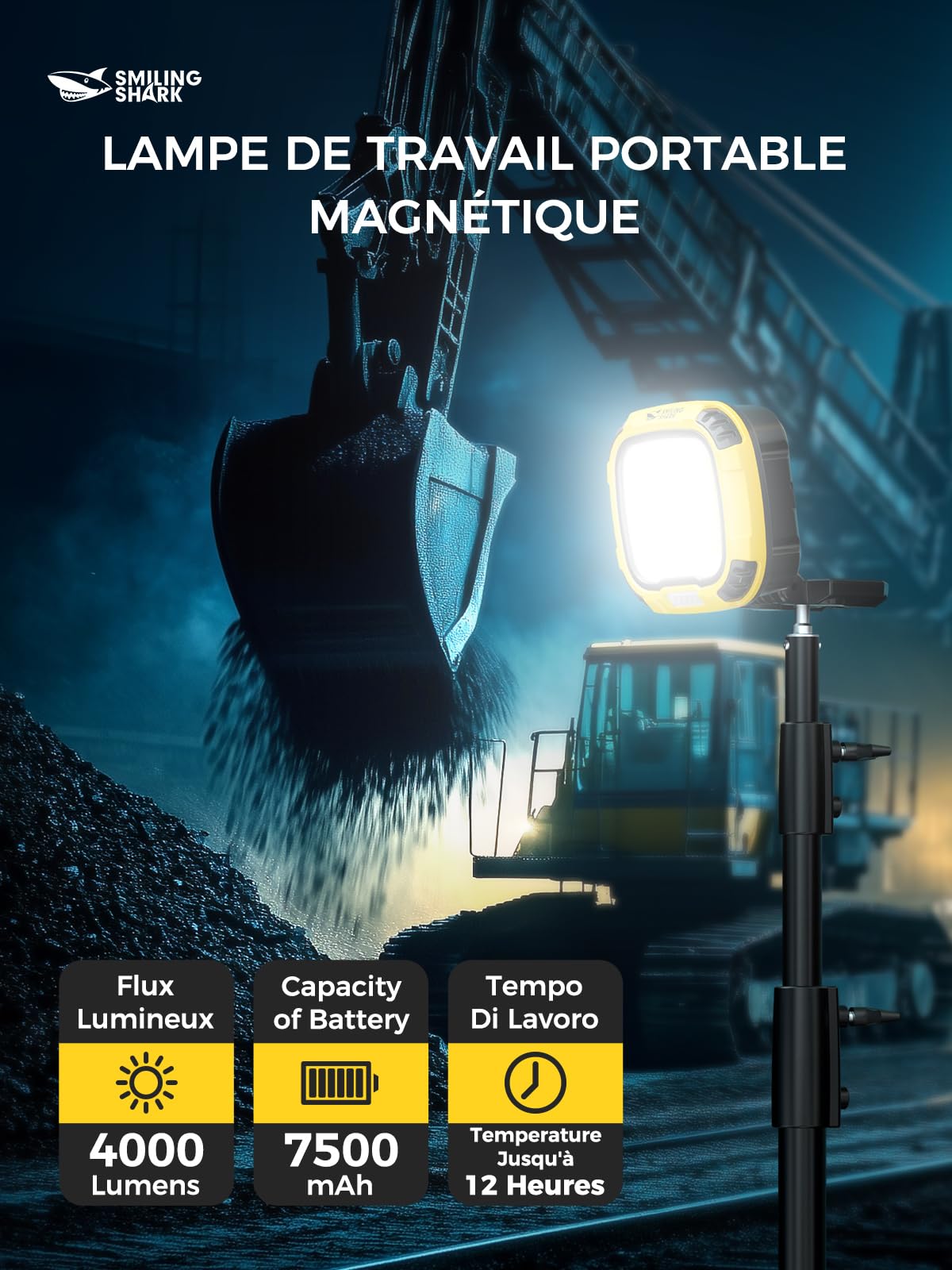 Smiling Shark Lampe Travail, 4000lm LED Lampe Inspection 7500mAh Rechargeable Étanche 18 Modes Lumière Portable COB Lampe D'atelier avec Magnétique pour Outdoor Réparation Garage Workshop Emergency