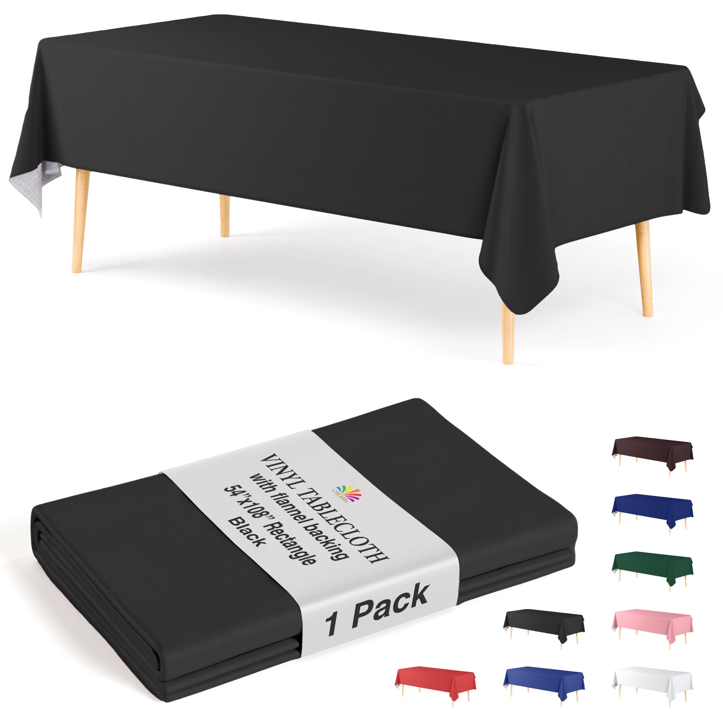Exquisite Black Vinyl Tablecloths - 54 In. X 108 In. - Pack Of 1 Rectangle Tablecloth - Flannel Backed Vinyl Tablecloths For Rectangle Tables - Plastic Table Cloths With Flannel Backing - Waterproof