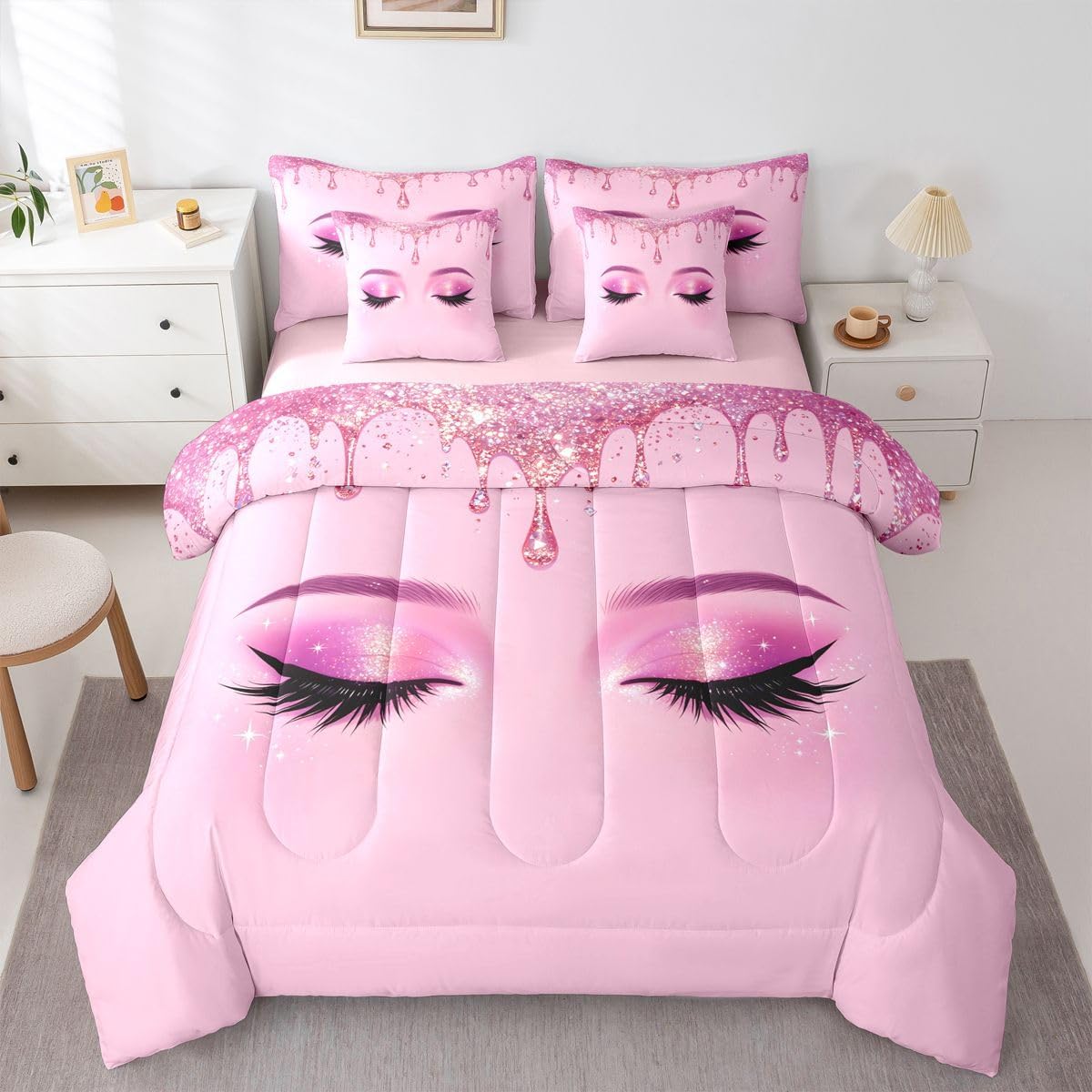 Manfei Eye Makeup Full Size Comforter Set,Sparkling Droplets Bedding,Fashion Glam Decor for Kids All Season,Pastel Pink(Fitted+Sheet+2 Pillowcases+2 Throw Pillow Covers)
