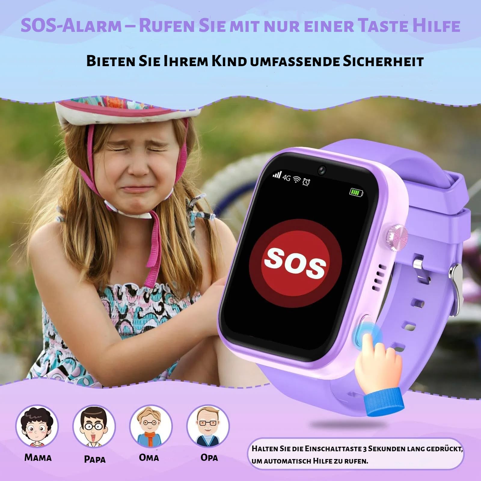 OKYUK Smartwatch dziecięcy 4G z trackerem GPS, dwukierunkowe połączenia, SOS, smartwatch z wieloma stylami pulpitu do wyboru dla 6-12 chłopców i dziewczynek (fioletowy)