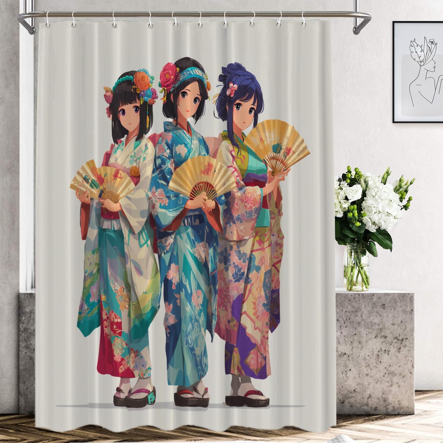 Shrahala Kawaii Anime Girls in Kimono Decorative Shower Curtain, Japanese Paper Fans Manga Party Scene Bathroom Décor Waterproof with Plastic Rings for Shower Stall Bathtubs 72 x 60 in