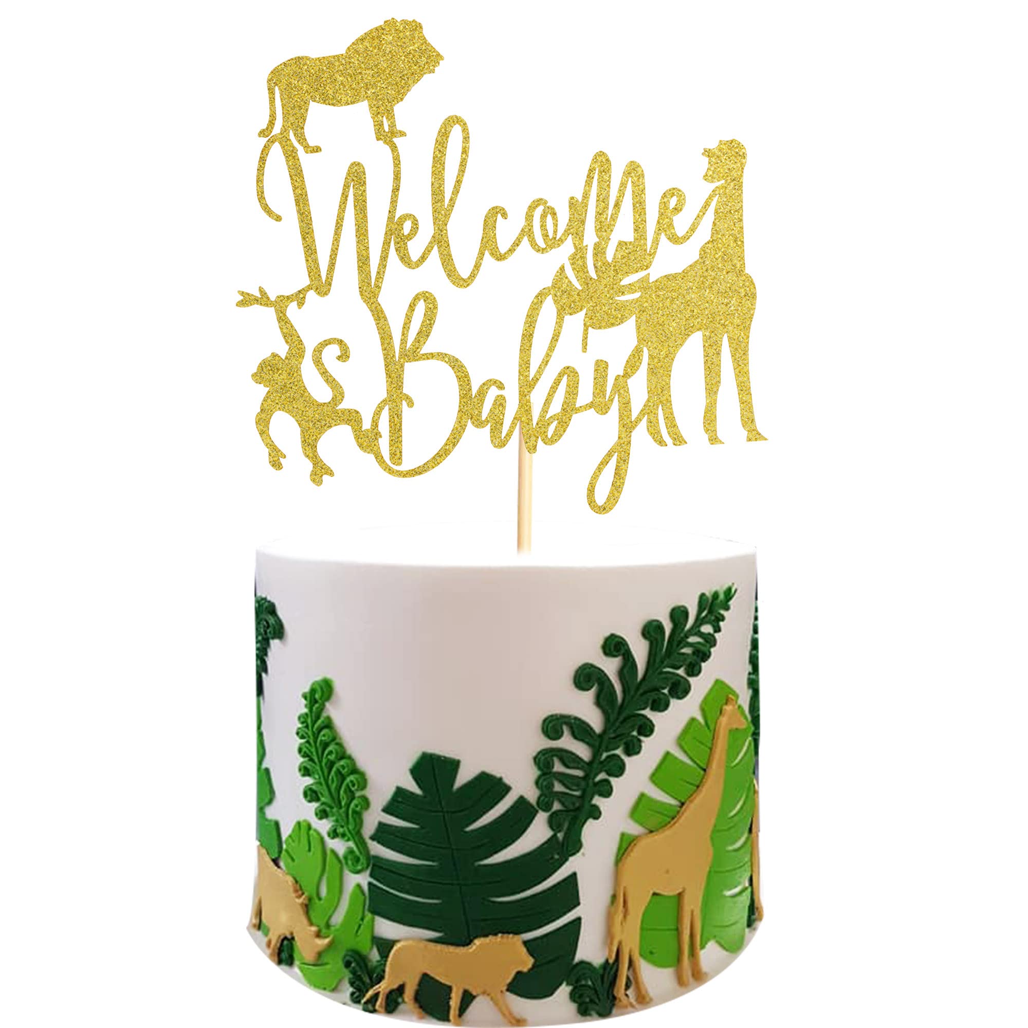 Arthsdite Welcome Baby Cake Topper Jungle Wild Safari Animal Baby Shower Cake Picks Party Supplies Decorations - Gold Glitter