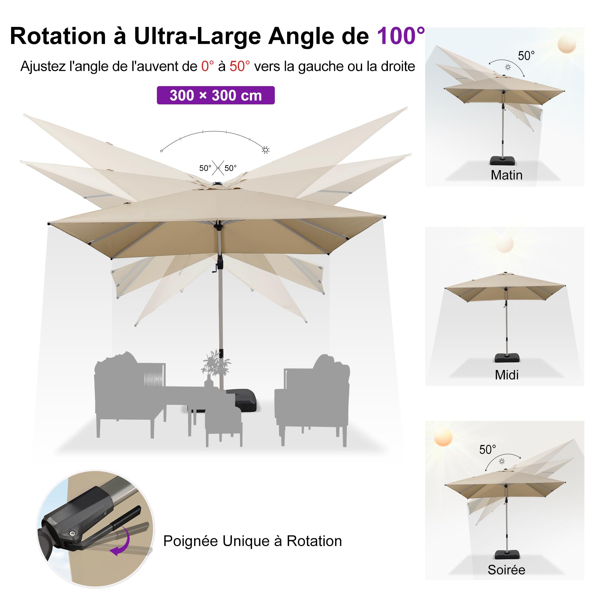 PURPLE LEAF Parasol Déporté 3 x 3 m Carré, Inclinaison Bilatérale et Rotation à 360°, Parasol Résistant au Vent, 8 Baleines en Aluminium Champagne, Toile anti-UV, Pour Patio, Terrasse, Piscine, Beige