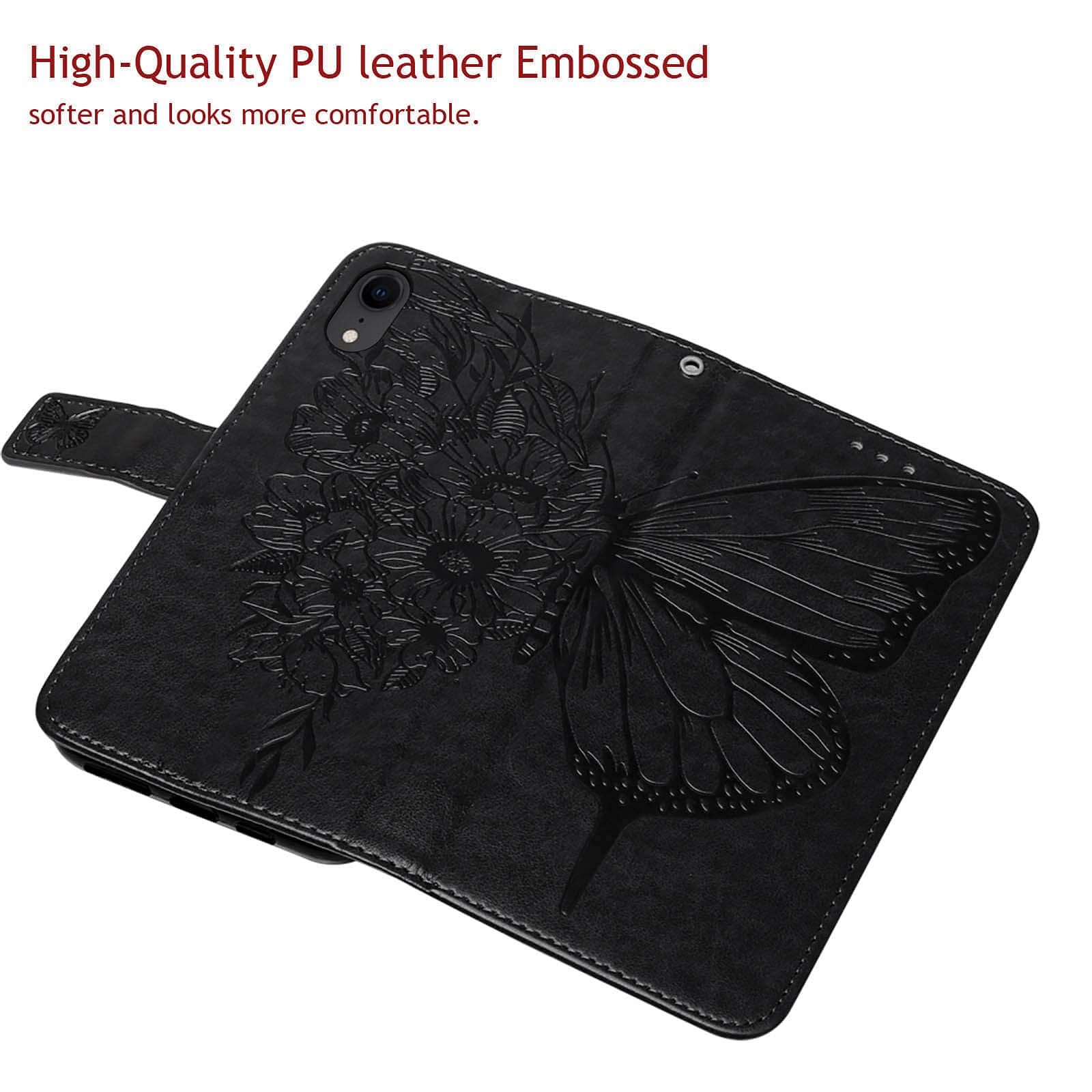 Phone Case for iPhone XR Wallet,Card Holder [Kickstand][Wrist Strap] Butterfly Floral Embossed for Women PU Leather Flip Protective Cover for iPhone XR Cases 2021 (Black)