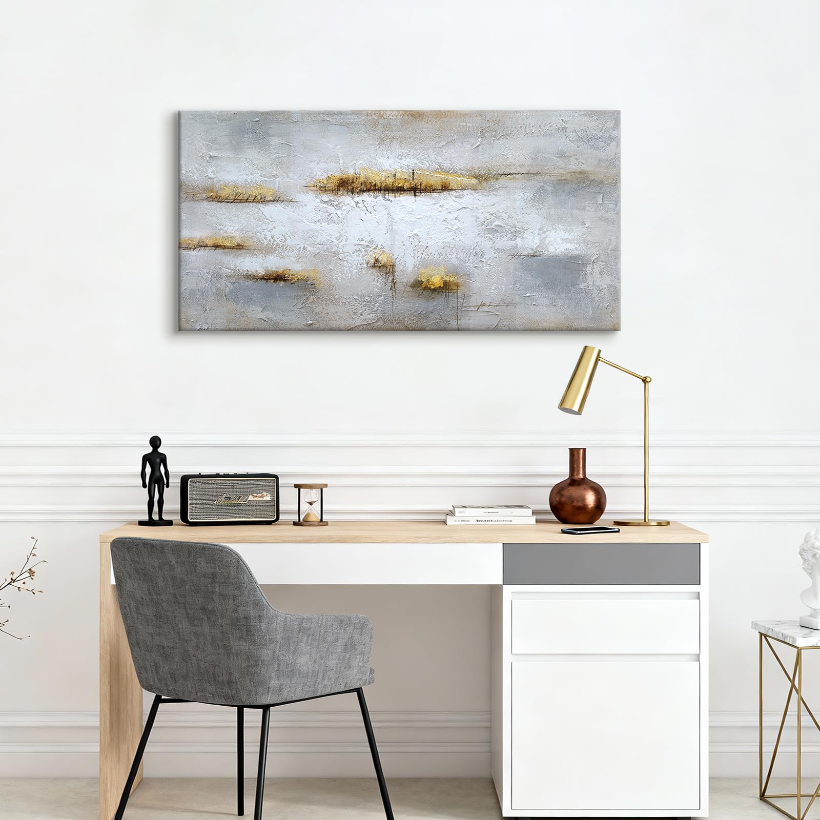 Große Abstrakt Gemälde auf Leinwand Handgemalt, Weiß Grau Gold Gerahmte Wandbilder, Abstrakte Kunstbilder Acrylgemälde 120x60 cm