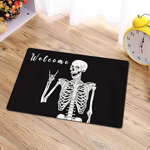 Miniatura 4 de Divertido tapete de bienvenida para entrada de interior, para decoración de casa, diseño de calavera, Halloween, rock, con parte trasera de goma