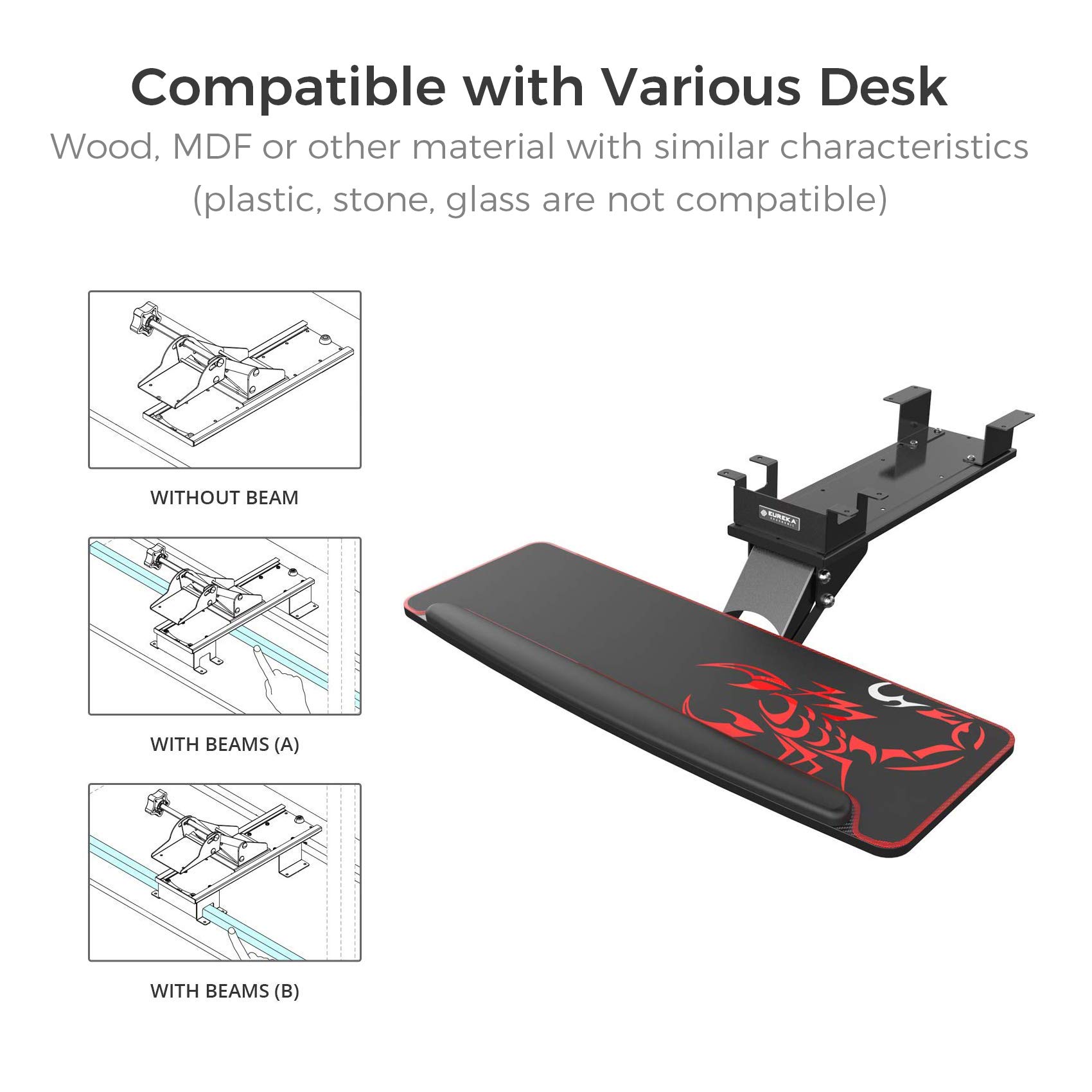 EUREKA ERGONOMIC Height Adjustable Mouse & Keyboard Tray Under Desk, 28 x 10 Inches Large Black