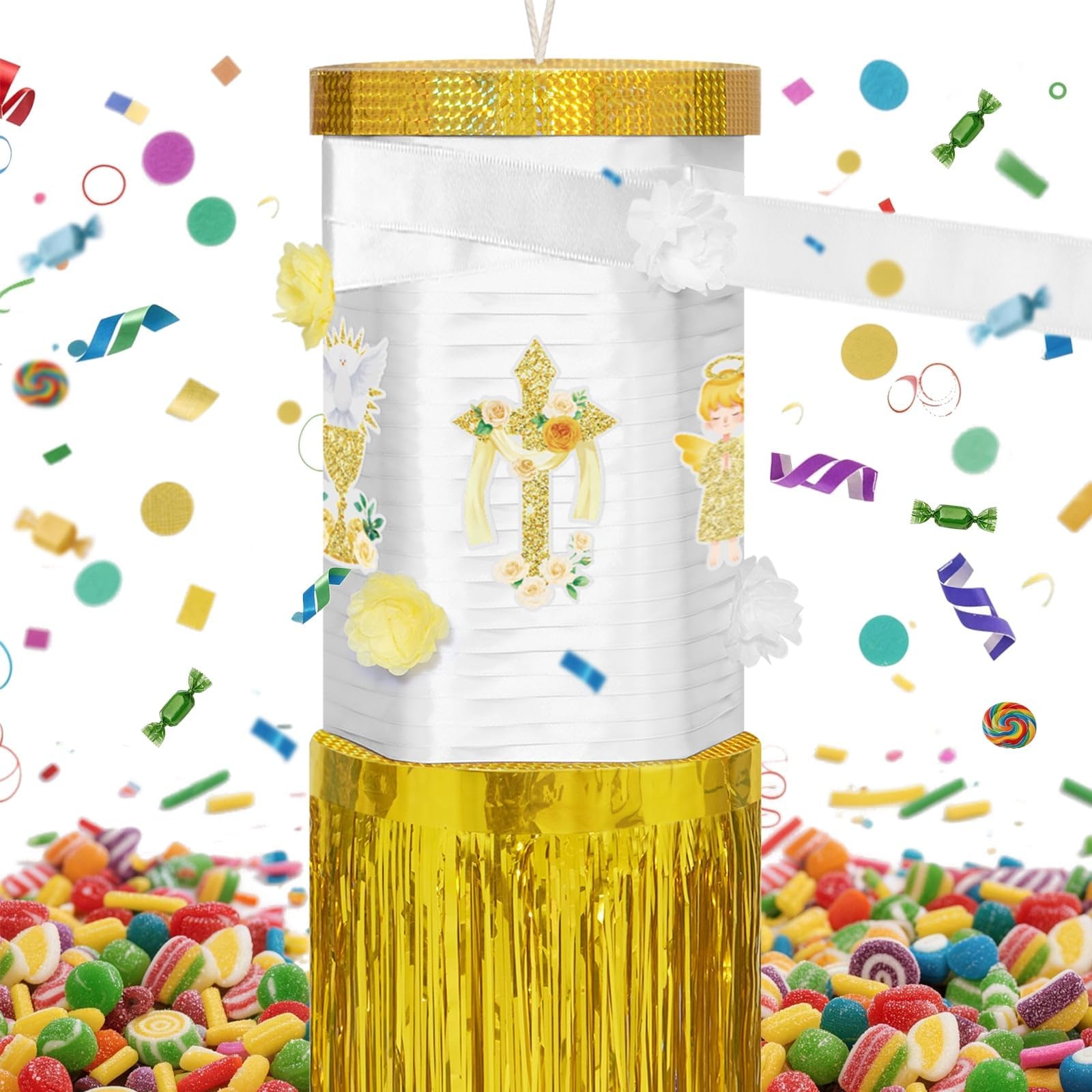 WERNNSAI Baptism Spinning Pinata - Christian Baptism Party Decorations God Bless Pinata for First Communion Sacrament Christening Party Supplies White Gold