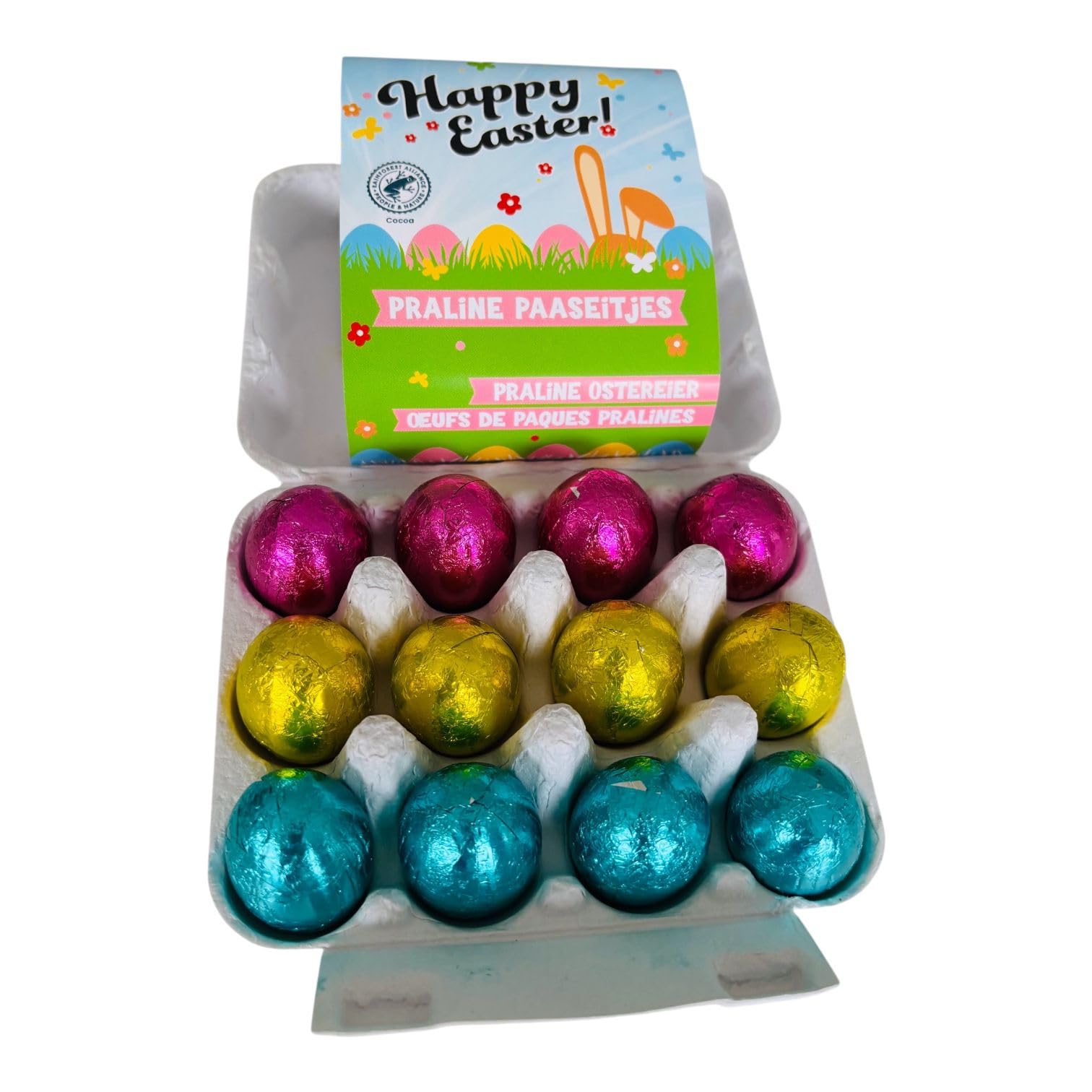 OYOY | 4x 12 Gefüllte Ostereier Milchschokolade in Mini Eierbox 142g | 48 Schokoeier | Haselnuss Praline & Knusper Cerealien | Oster Süßigkeiten Set | Ostergeschenke Kinder & Familie