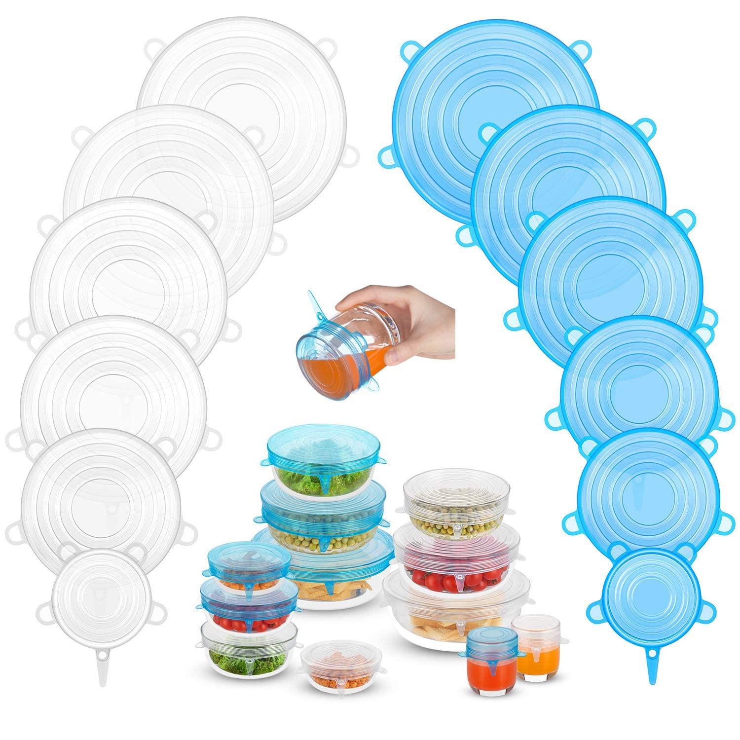 Silicone Stretch Lids, Zero Waste Reusable Silicon Container Lid Covers for Leftover Food Fruit Bowls Pots Cups Jars Dishes, 12PCS
