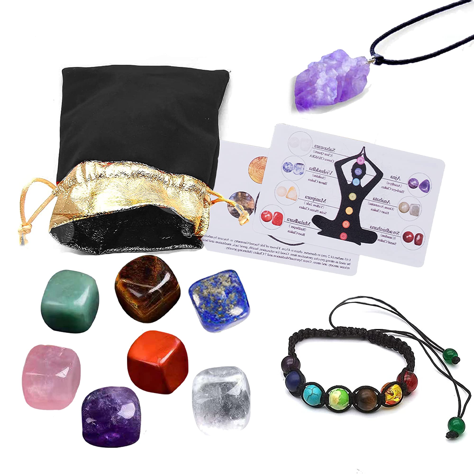12Pcs Natural Healing Crystals with Instruction, 7 Tumbled Chakra Crystals, 1Amethyst Necklace,1Chakra Lava Bracelet, Chakra Gemstones Kit for Healing and Meditation, Gemstone Crystal